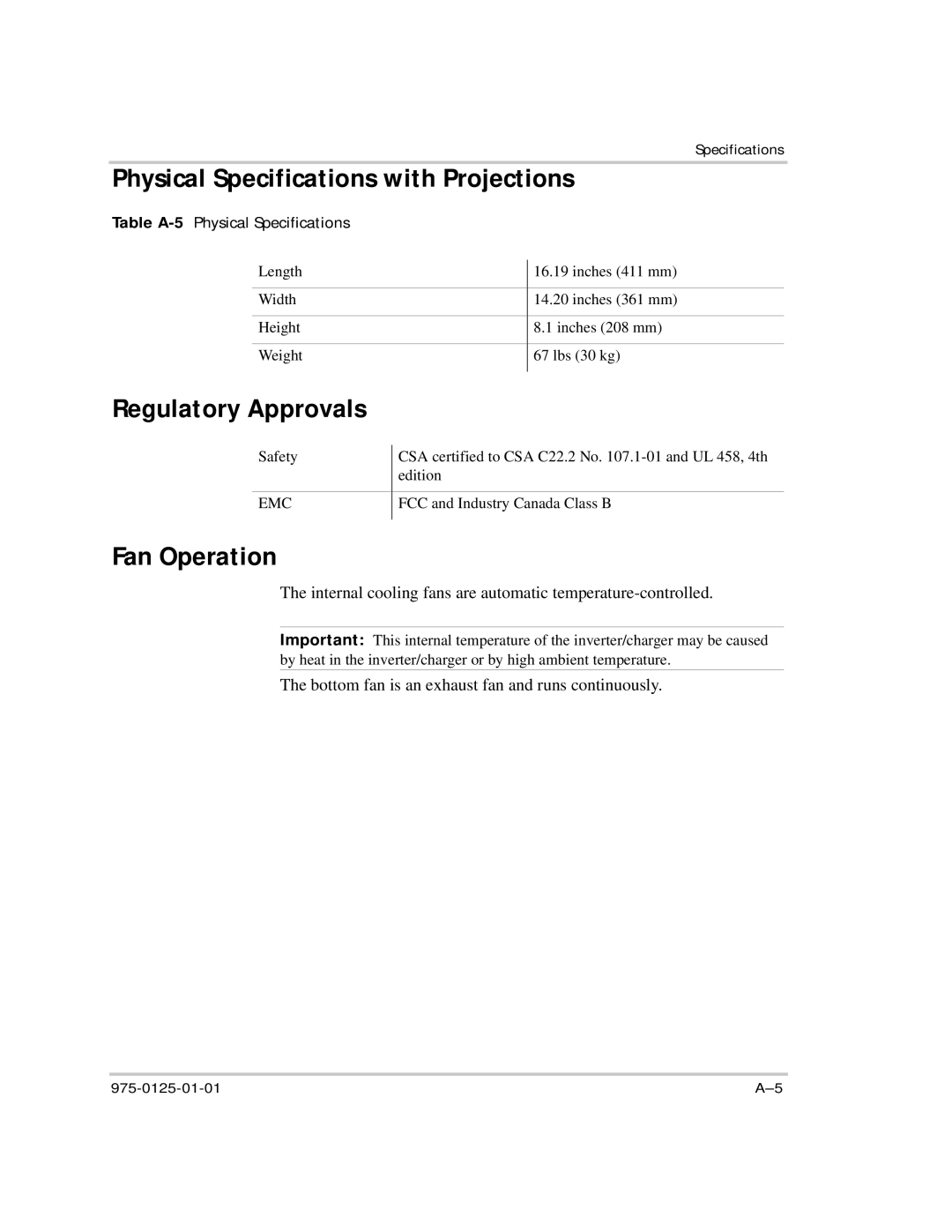 Xantrex Technology RS2000 manual Physical Specifications with Projections, Regulatory Approvals, Fan Operation 