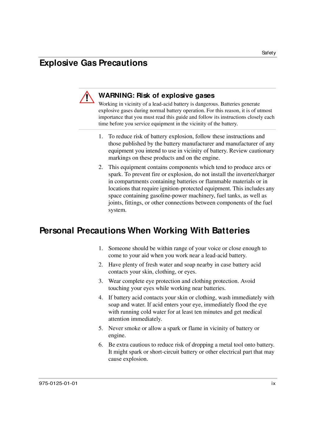 Xantrex Technology RS2000 manual Explosive Gas Precautions, Personal Precautions When Working With Batteries 