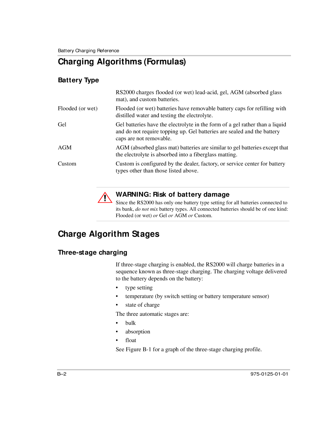 Xantrex Technology RS2000 manual Charging Algorithms Formulas, Charge Algorithm Stages, Battery Type, Three-stage charging 