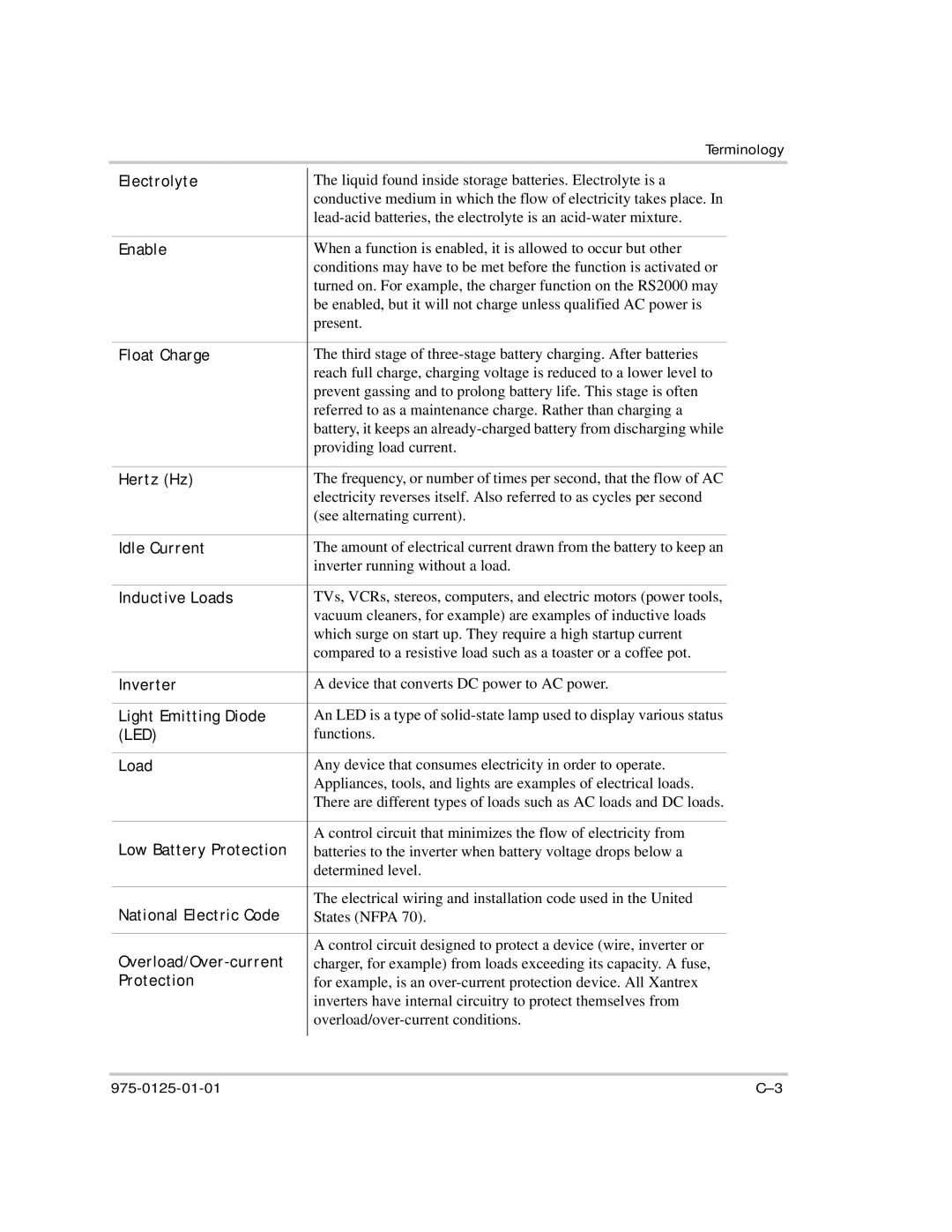 Xantrex Technology RS2000 Electrolyte, Enable, Float Charge, Hertz Hz, Idle Current, Inductive Loads, Inverter, Protection 