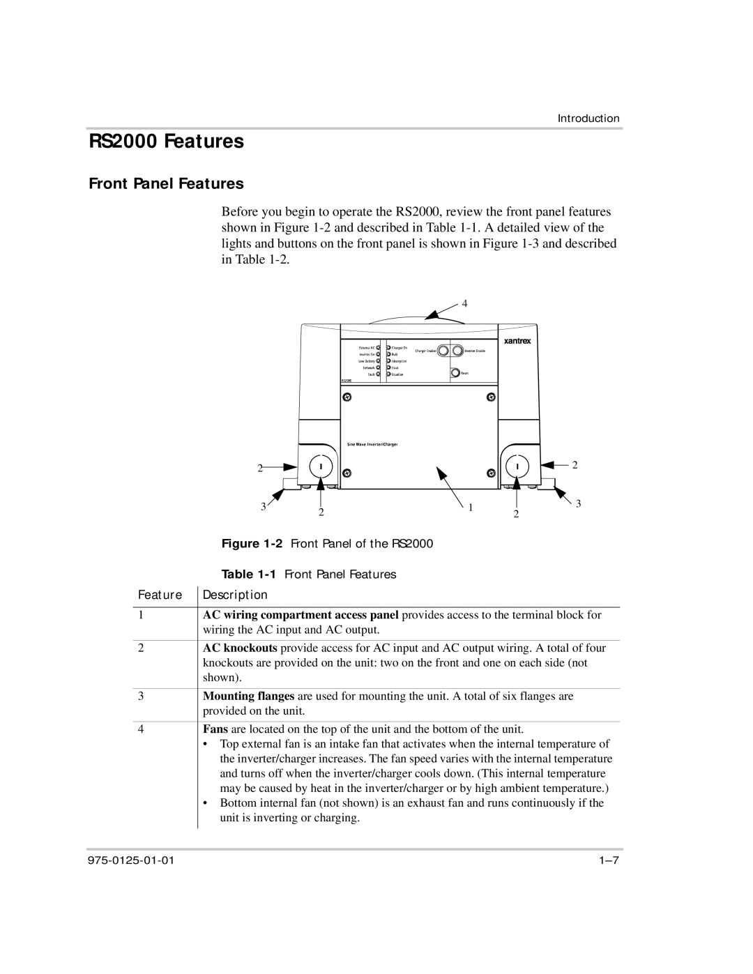 Xantrex Technology manual RS2000 Features, Front Panel Features, Feature Description 