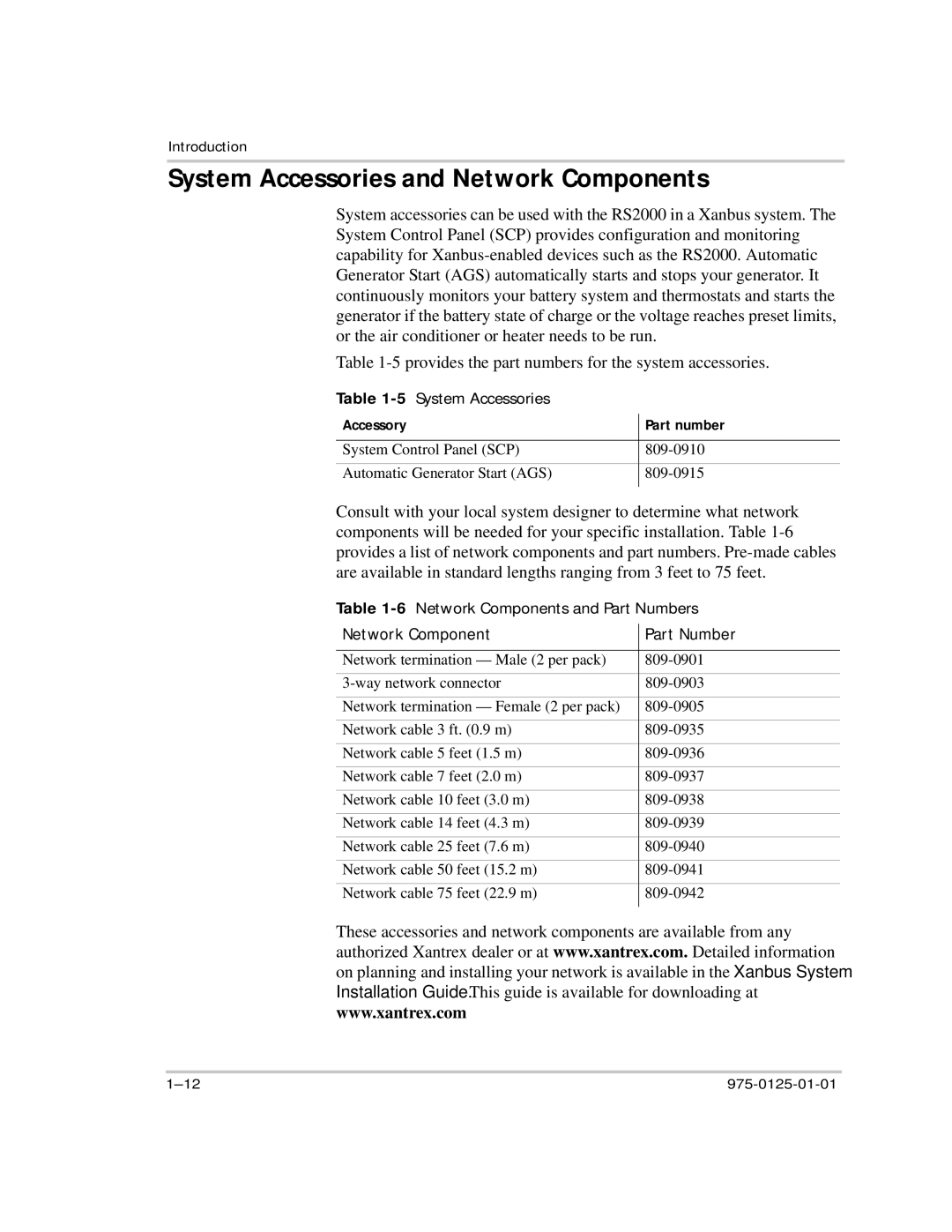 Xantrex Technology RS2000 System Accessories and Network Components, 5System Accessories, Network Component Part Number 