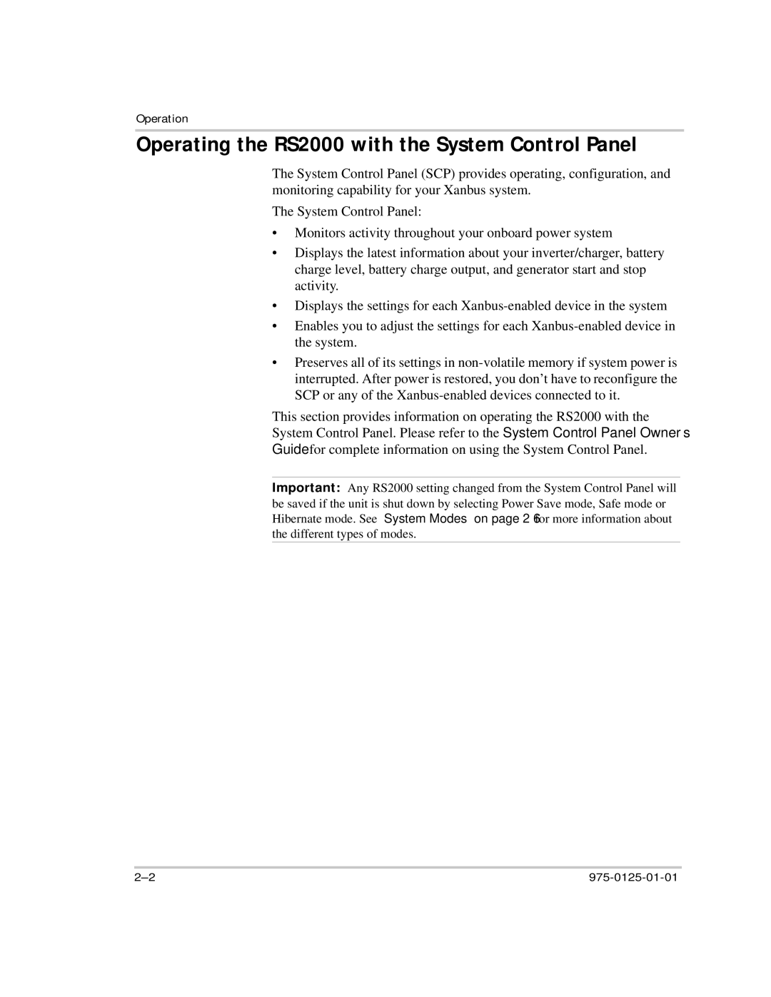 Xantrex Technology manual Operating the RS2000 with the System Control Panel 