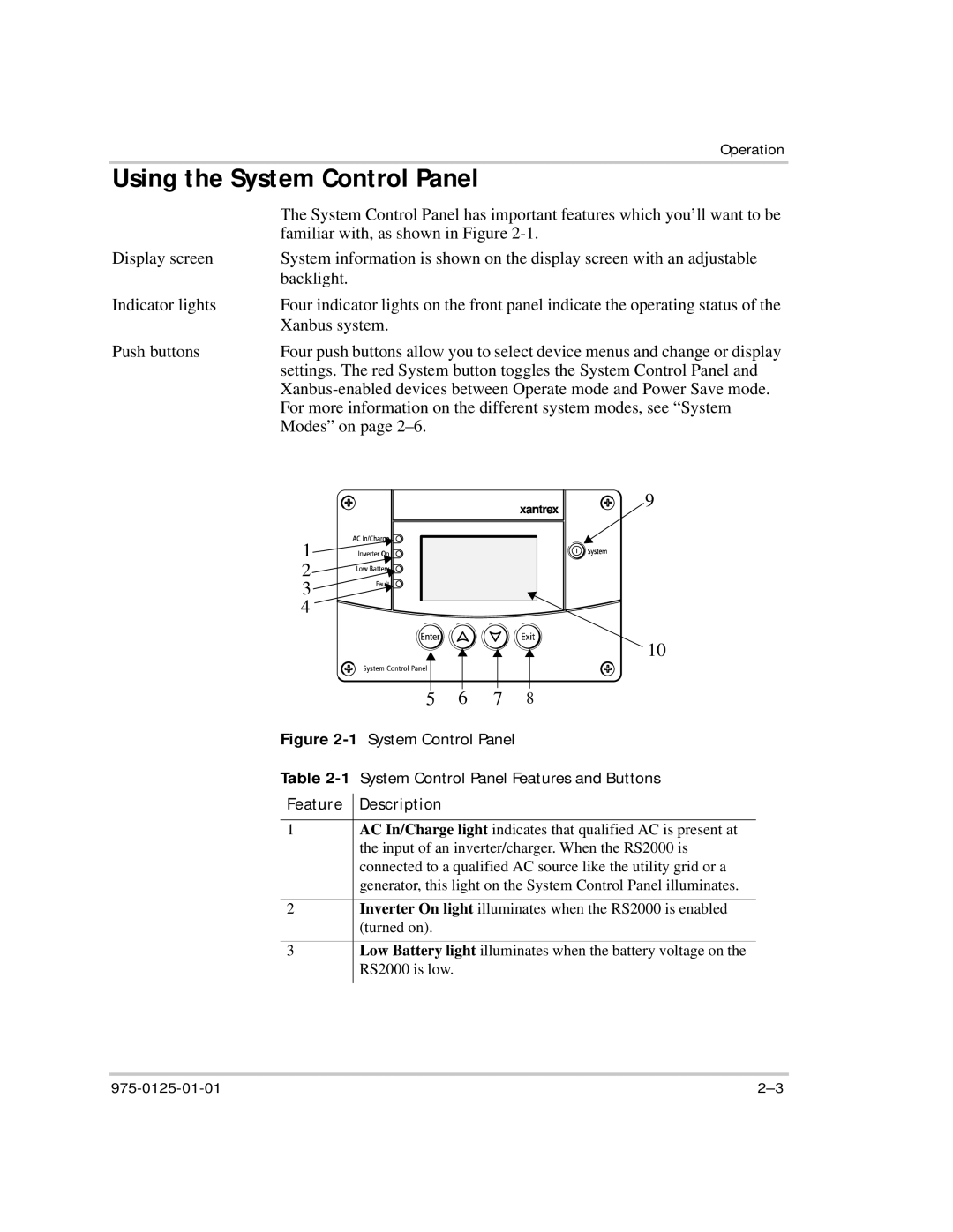 Xantrex Technology RS2000 manual Using the System Control Panel, Feature Description 