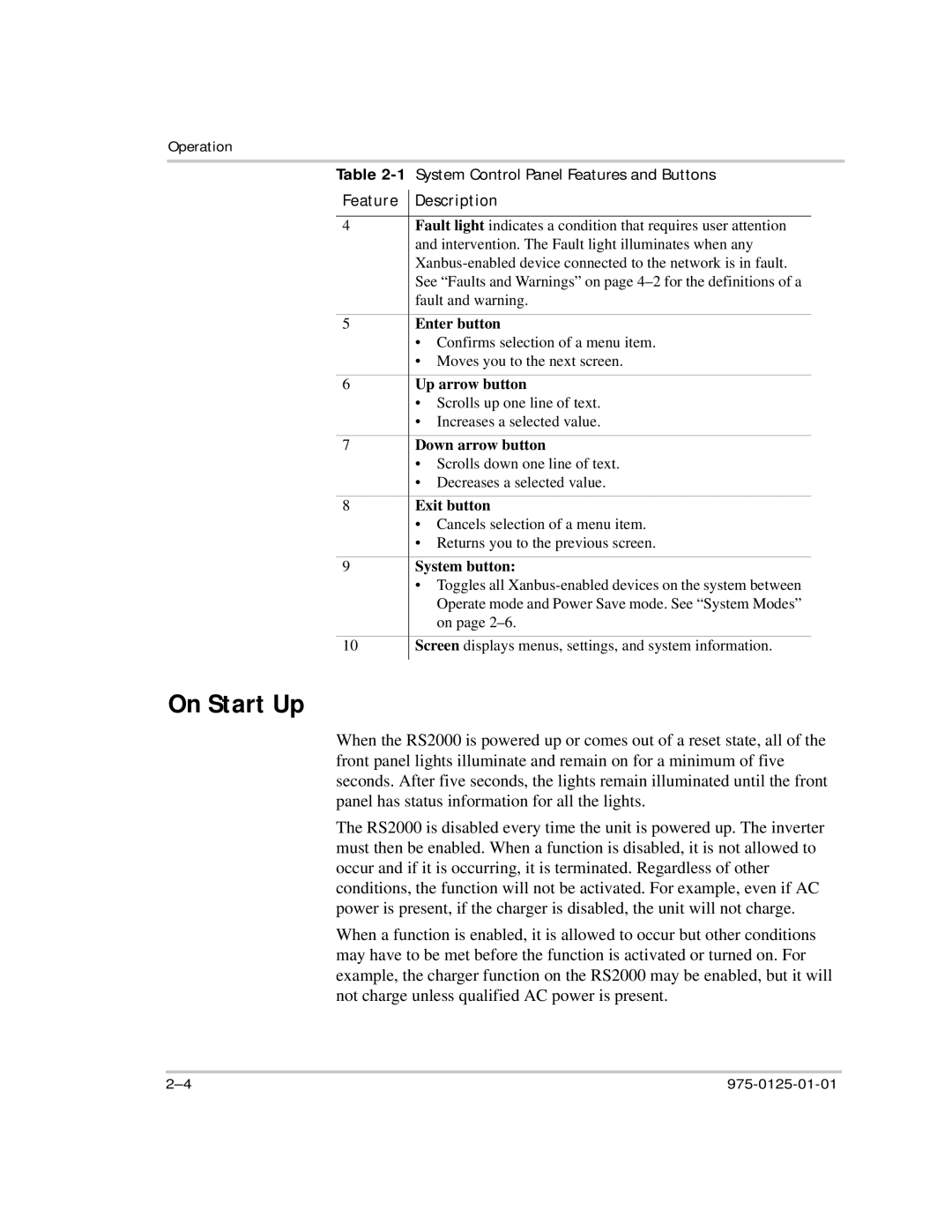 Xantrex Technology RS2000 manual On Start Up, System button 