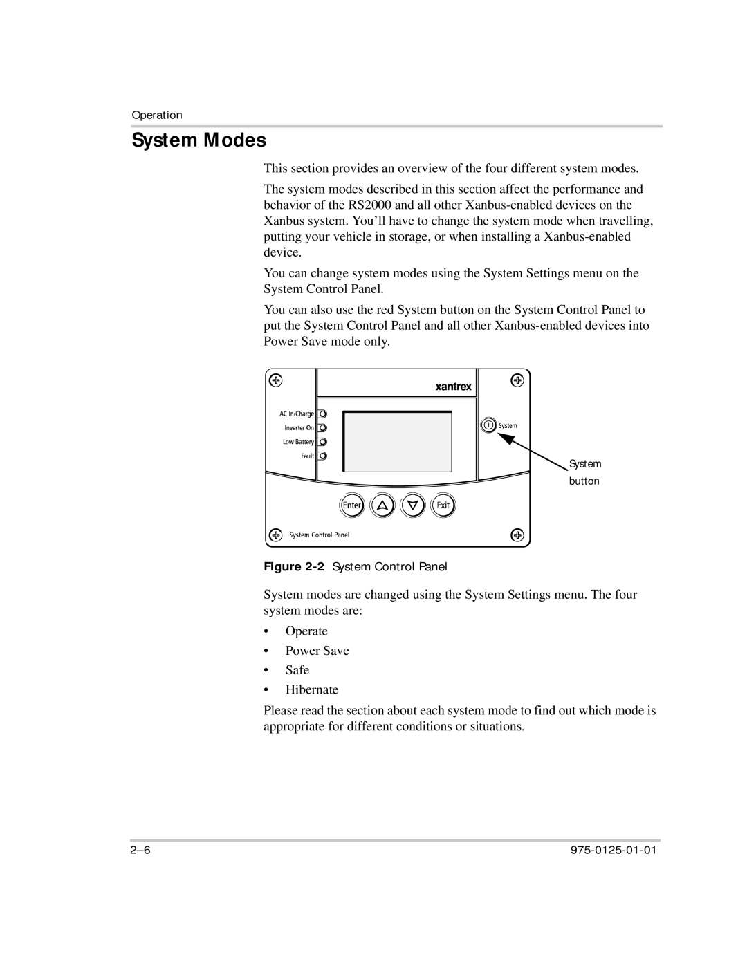 Xantrex Technology RS2000 manual System Modes, 2System Control Panel 