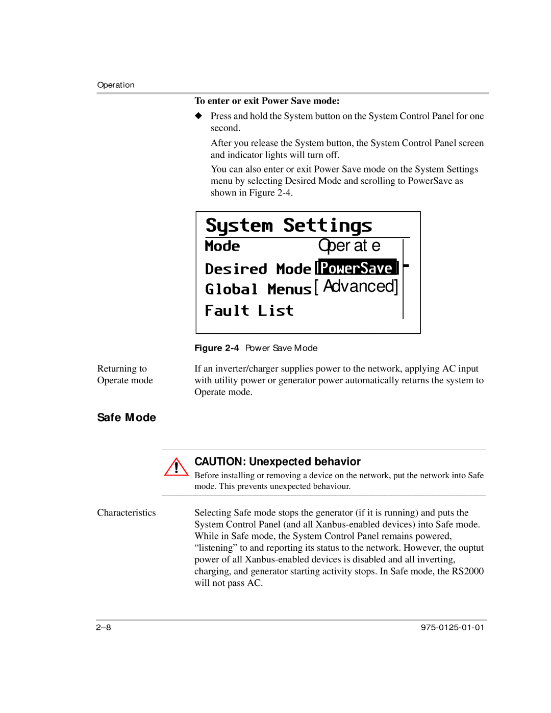 Xantrex Technology RS2000 manual Safe Mode, To enter or exit Power Save mode 