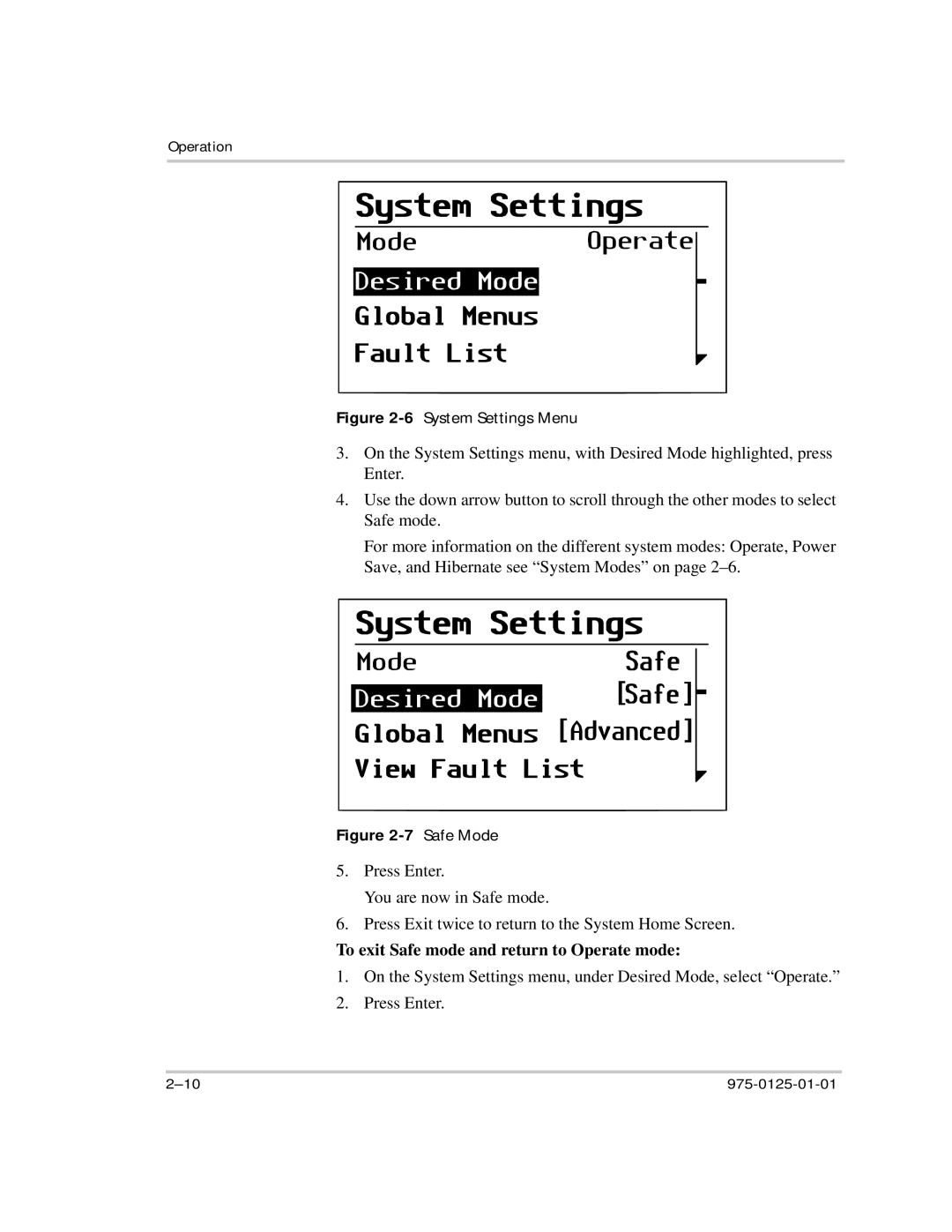 Xantrex Technology RS2000 manual 6System Settings Menu, To exit Safe mode and return to Operate mode 