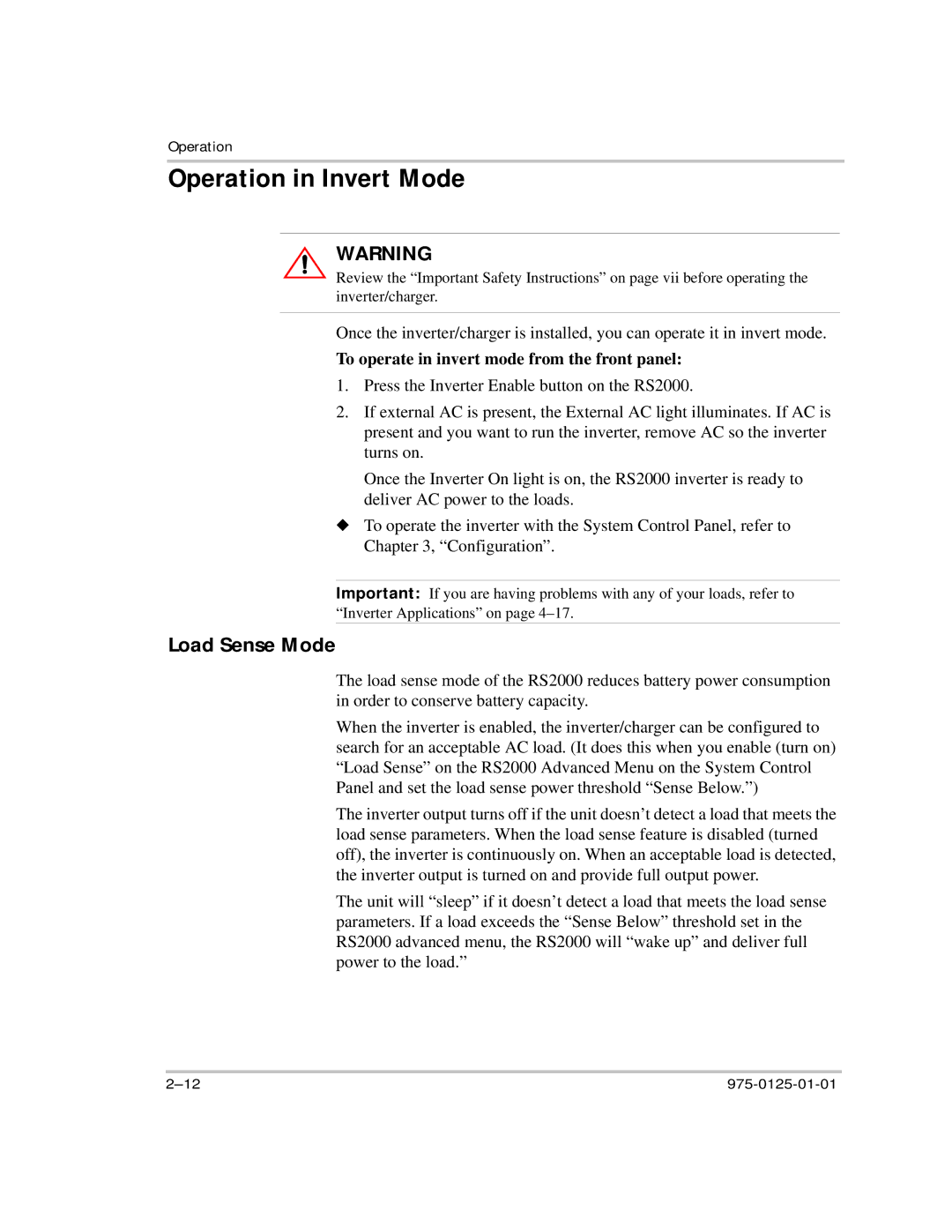 Xantrex Technology RS2000 manual Operation in Invert Mode, Load Sense Mode, To operate in invert mode from the front panel 