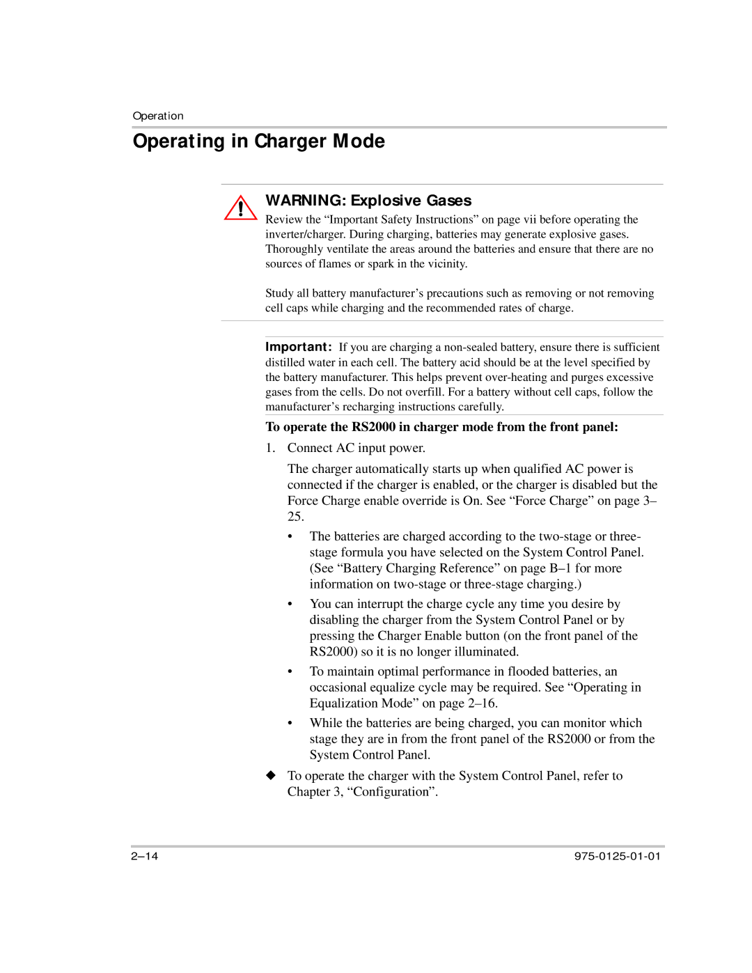 Xantrex Technology manual Operating in Charger Mode, To operate the RS2000 in charger mode from the front panel 