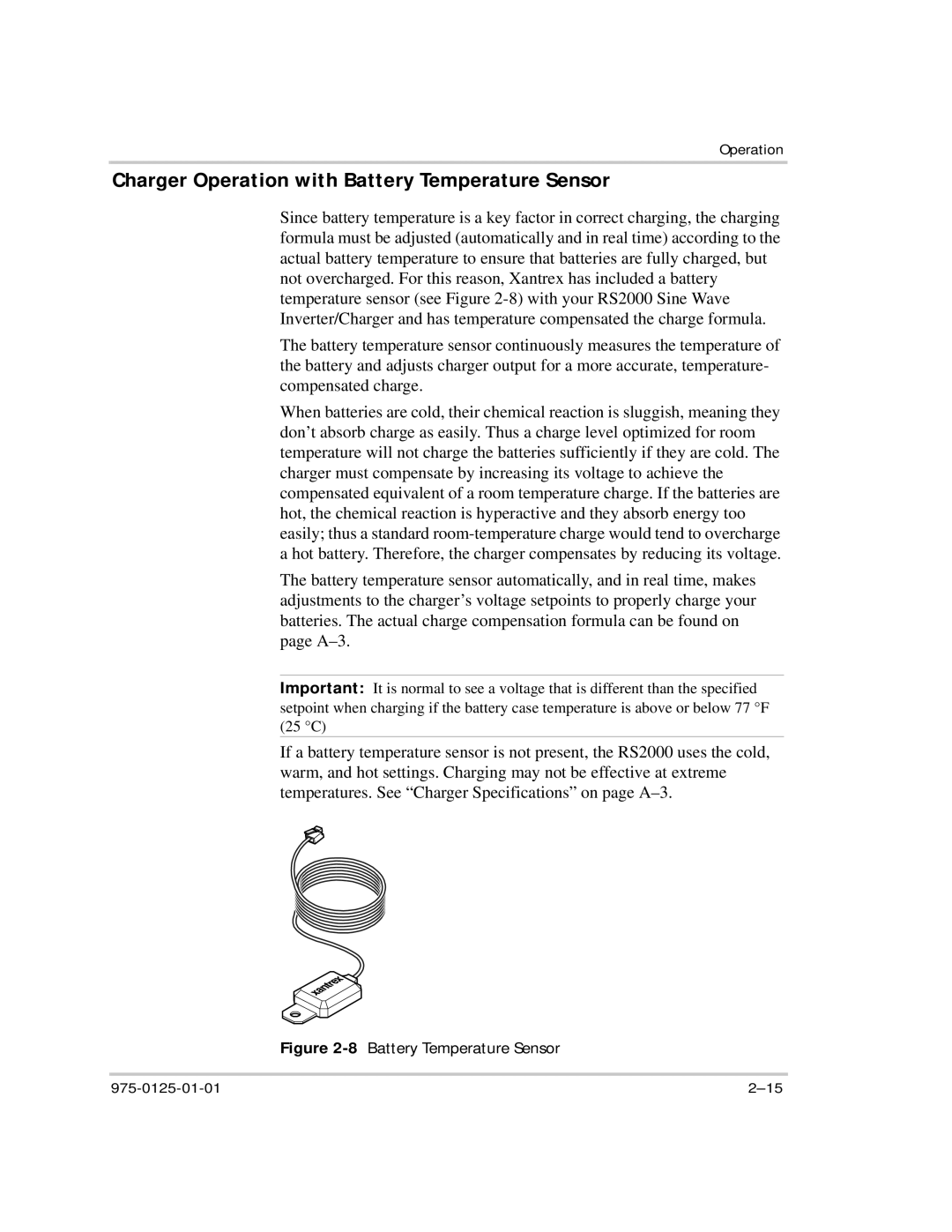 Xantrex Technology RS2000 manual Charger Operation with Battery Temperature Sensor, 8Battery Temperature Sensor 