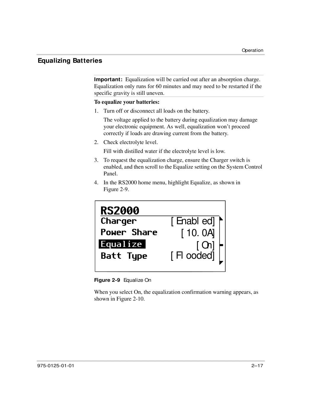 Xantrex Technology RS2000 manual Equalizing Batteries, To equalize your batteries 