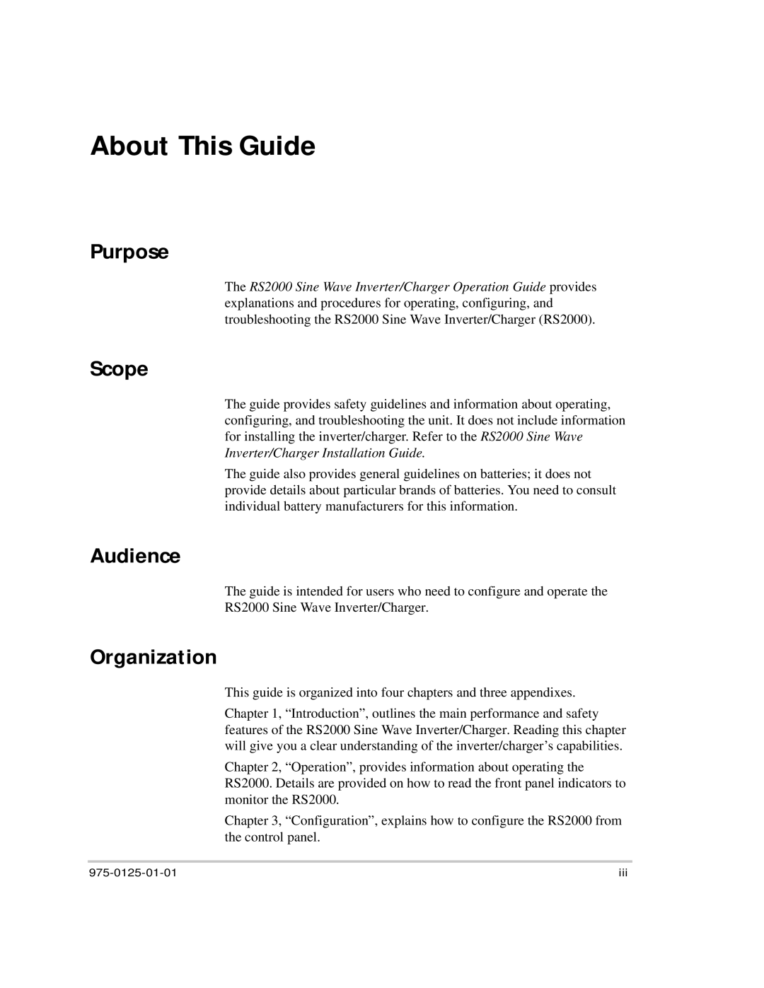 Xantrex Technology RS2000 manual Purpose, Scope, Audience, Organization 