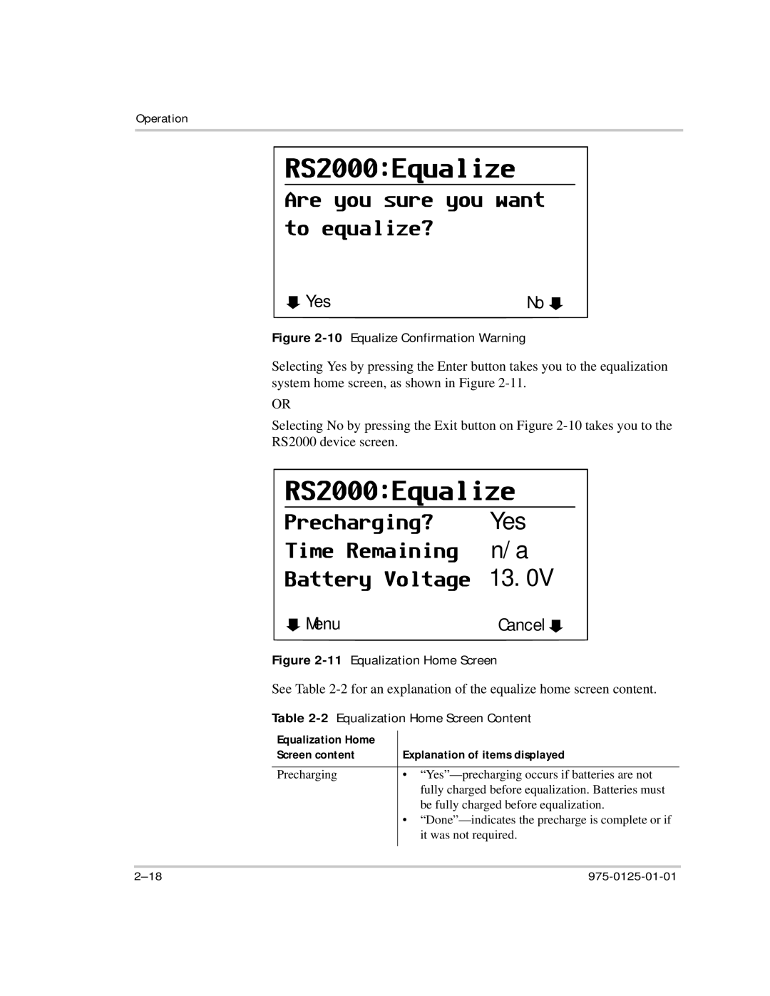 Xantrex Technology RS2000 manual 10Equalize Confirmation Warning, 2Equalization Home Screen Content 