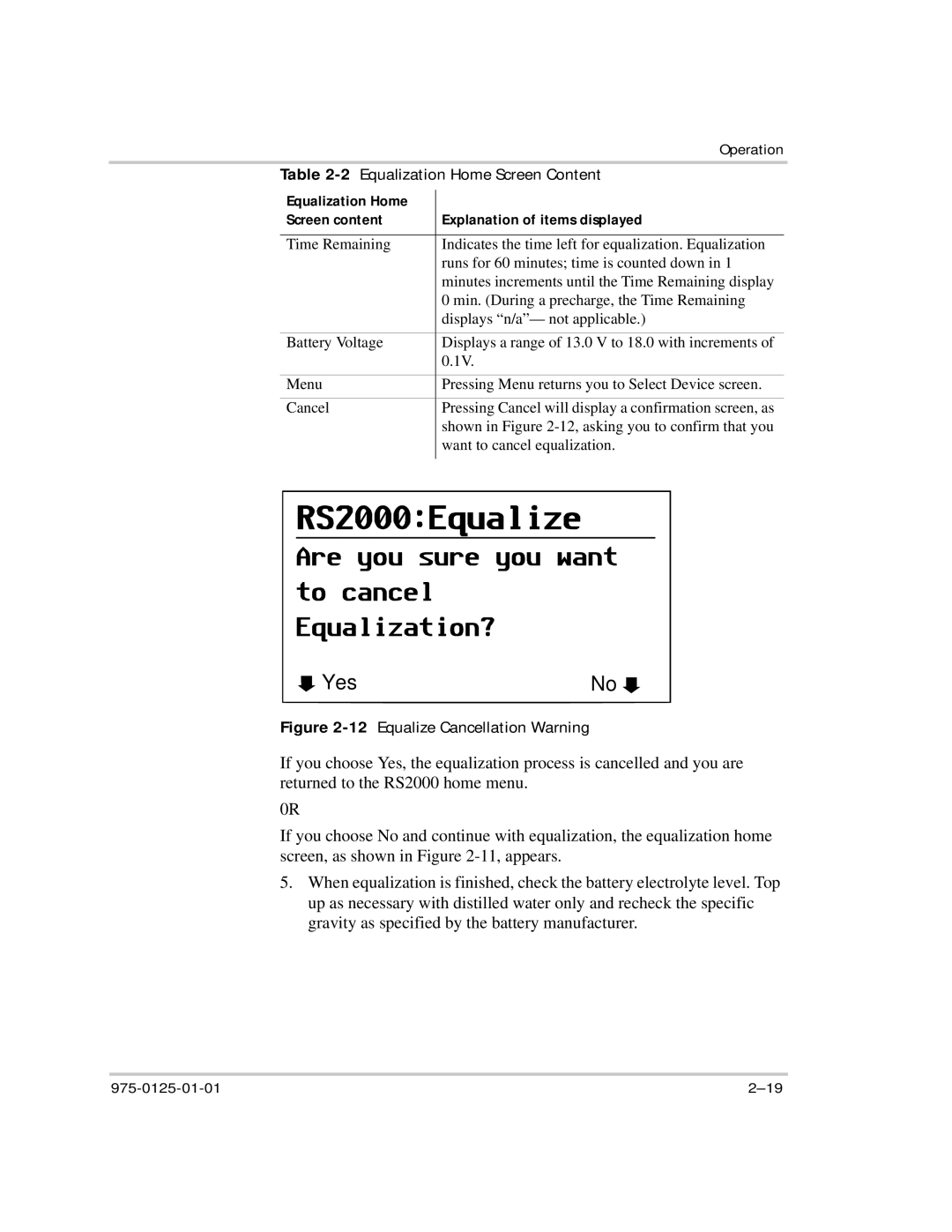 Xantrex Technology RS2000 manual 12Equalize Cancellation Warning 