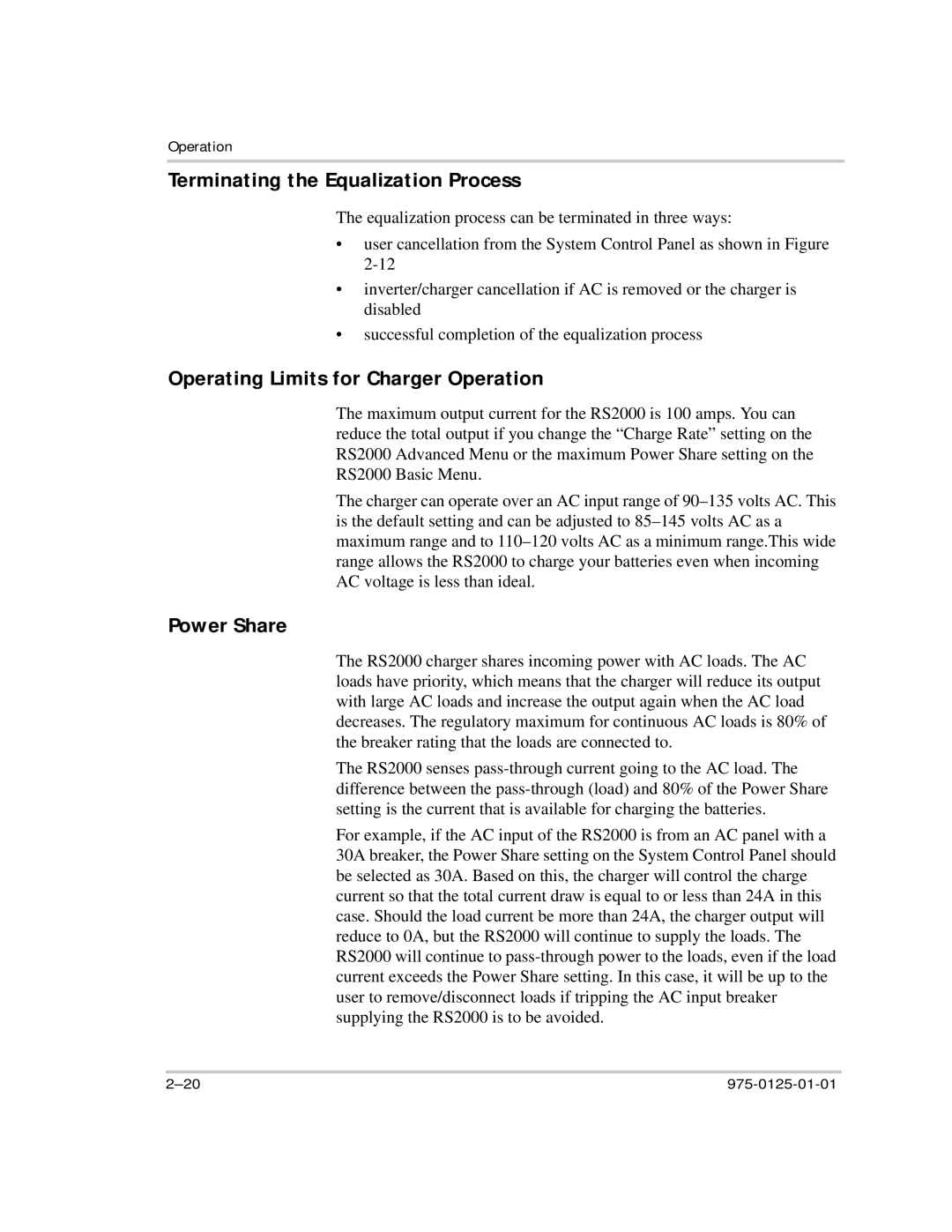 Xantrex Technology RS2000 manual Terminating the Equalization Process, Operating Limits for Charger Operation, Power Share 