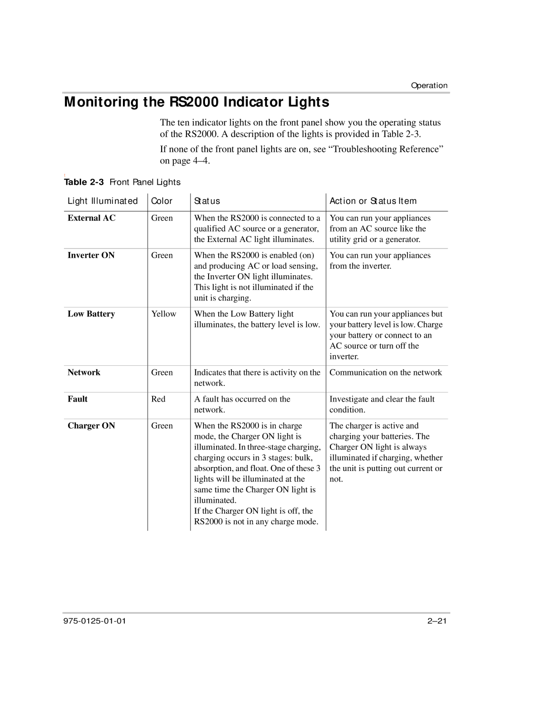 Xantrex Technology manual Monitoring the RS2000 Indicator Lights, 3Front Panel Lights 