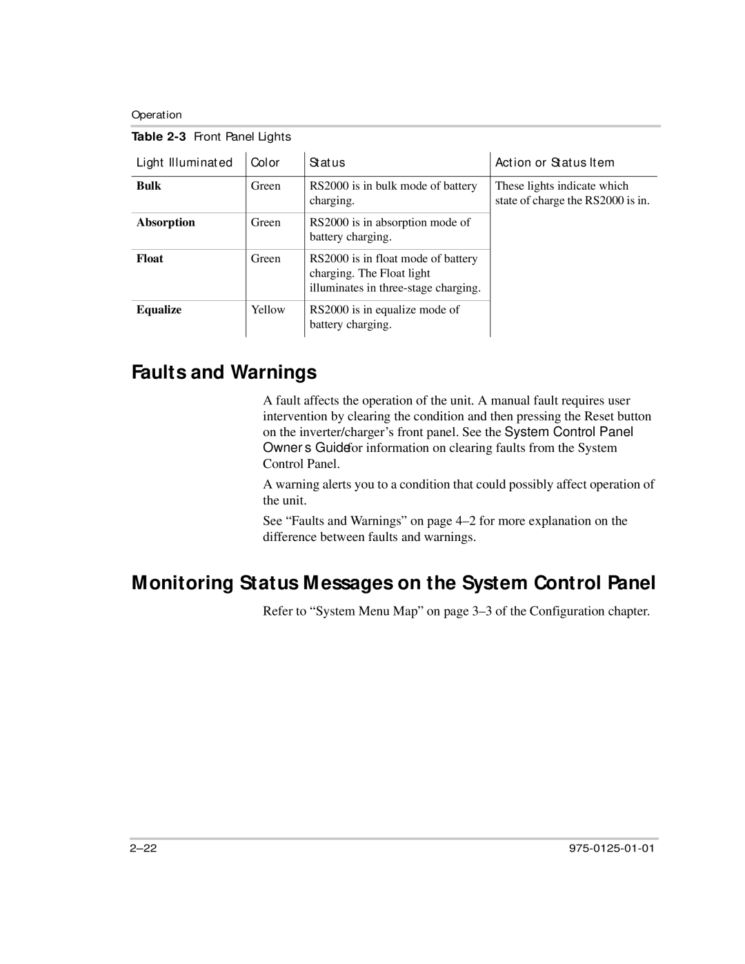 Xantrex Technology RS2000 manual Faults and Warnings, Monitoring Status Messages on the System Control Panel 