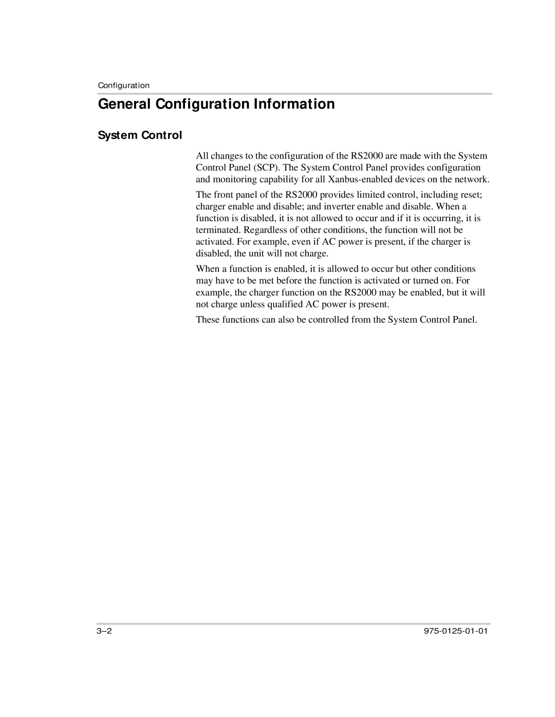 Xantrex Technology RS2000 manual General Configuration Information, System Control 