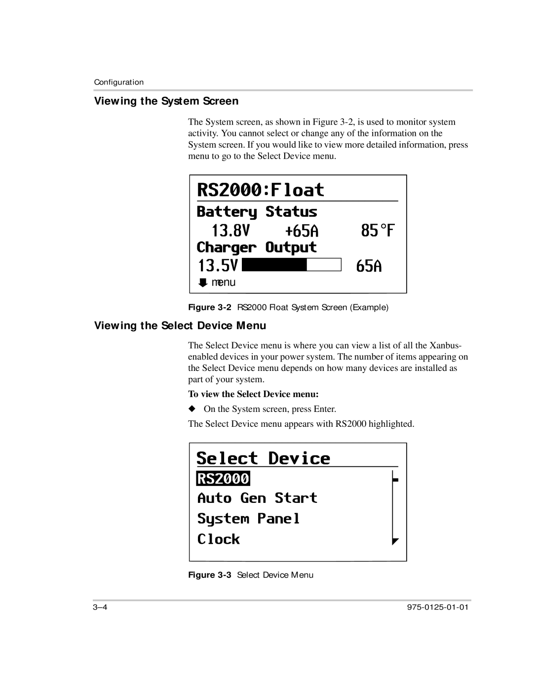 Xantrex Technology RS2000 manual Viewing the System Screen, Viewing the Select Device Menu, To view the Select Device menu 