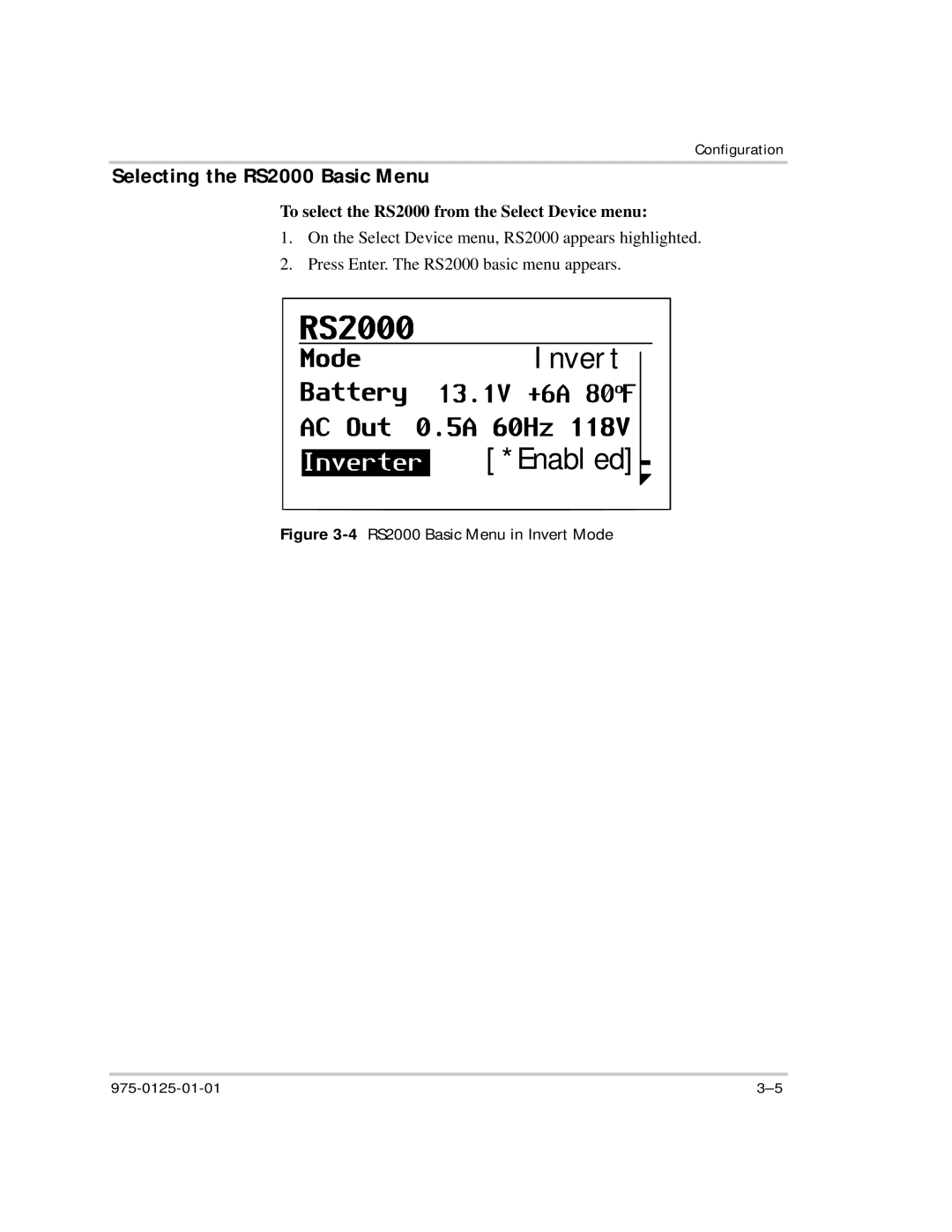 Xantrex Technology manual Selecting the RS2000 Basic Menu, To select the RS2000 from the Select Device menu 