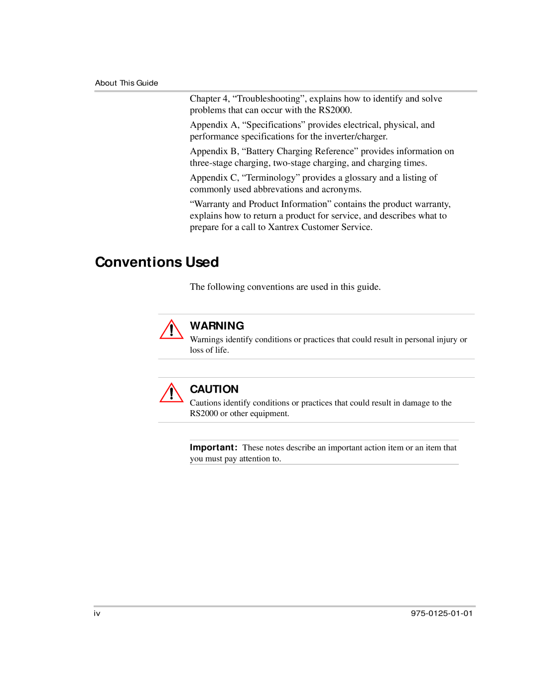 Xantrex Technology RS2000 manual Conventions Used, Following conventions are used in this guide 