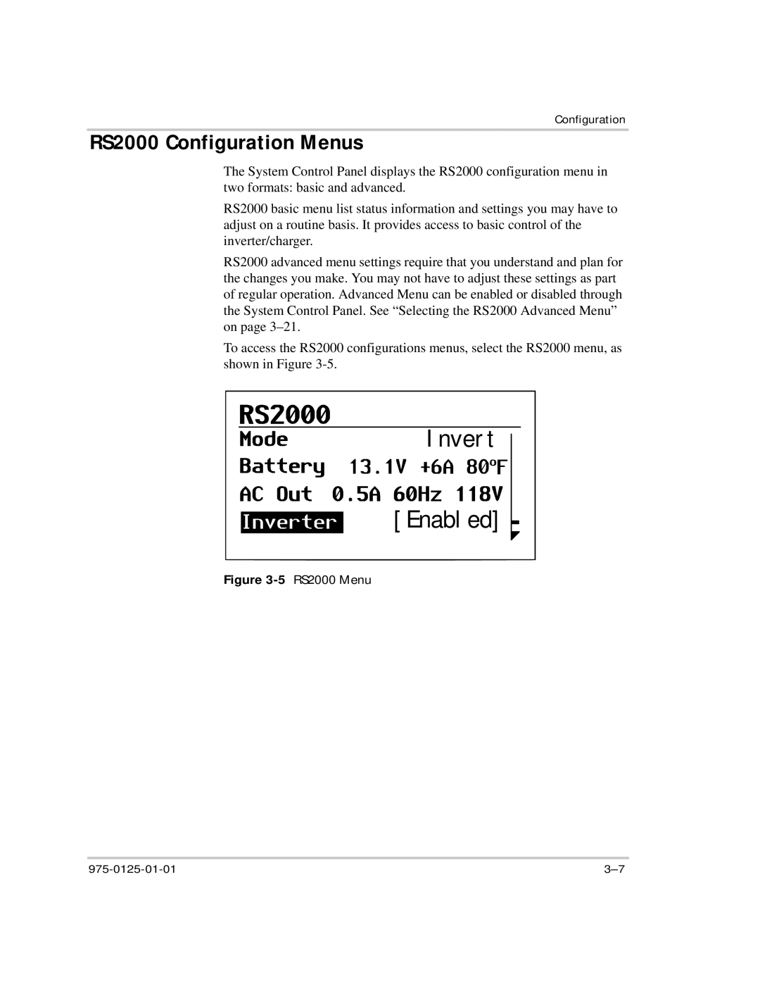 Xantrex Technology manual RS2000 Configuration Menus, RS2000 Menu 