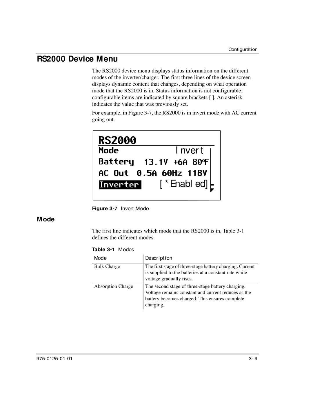 Xantrex Technology manual RS2000 Device Menu, Mode Description 