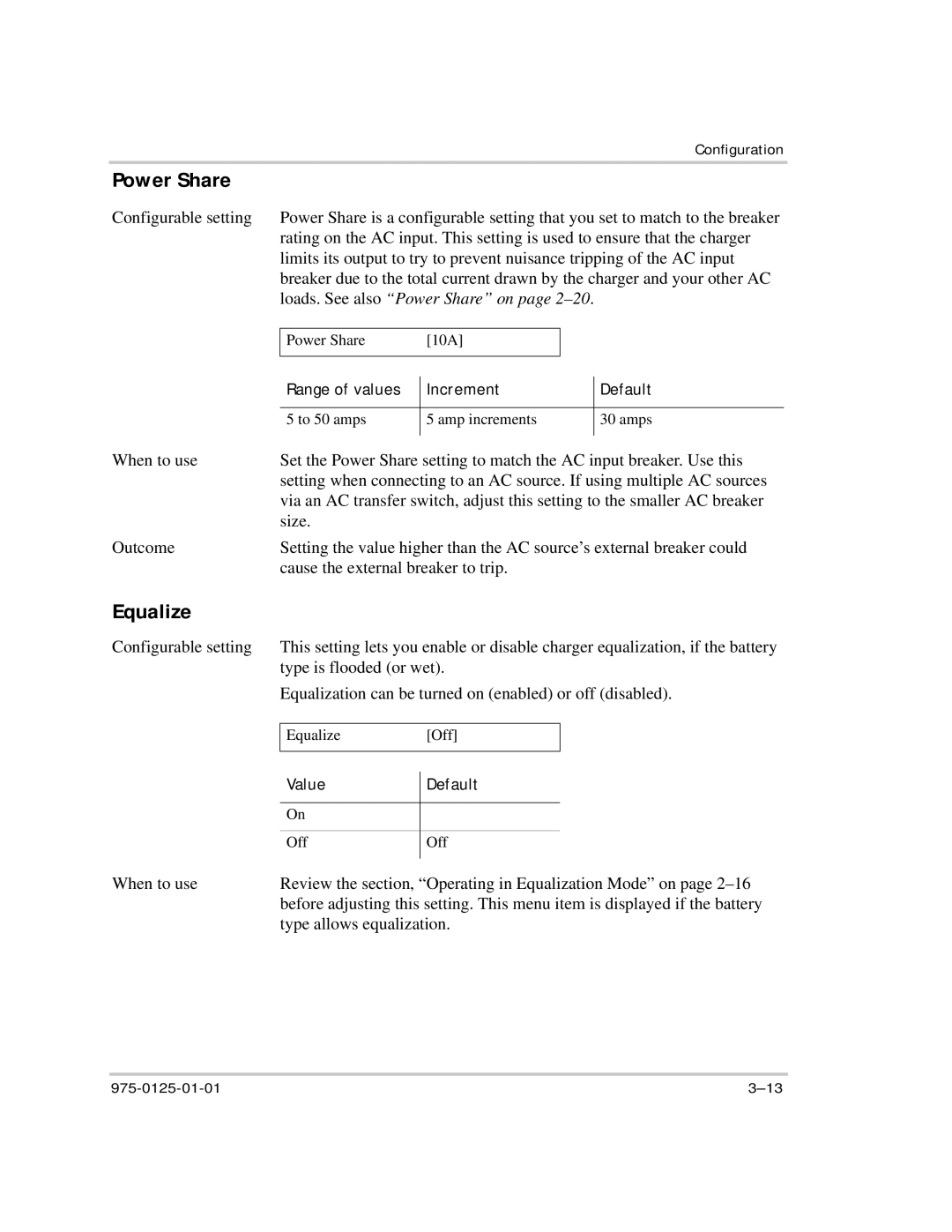 Xantrex Technology RS2000 manual Equalize, Range of values Increment Default, Value 