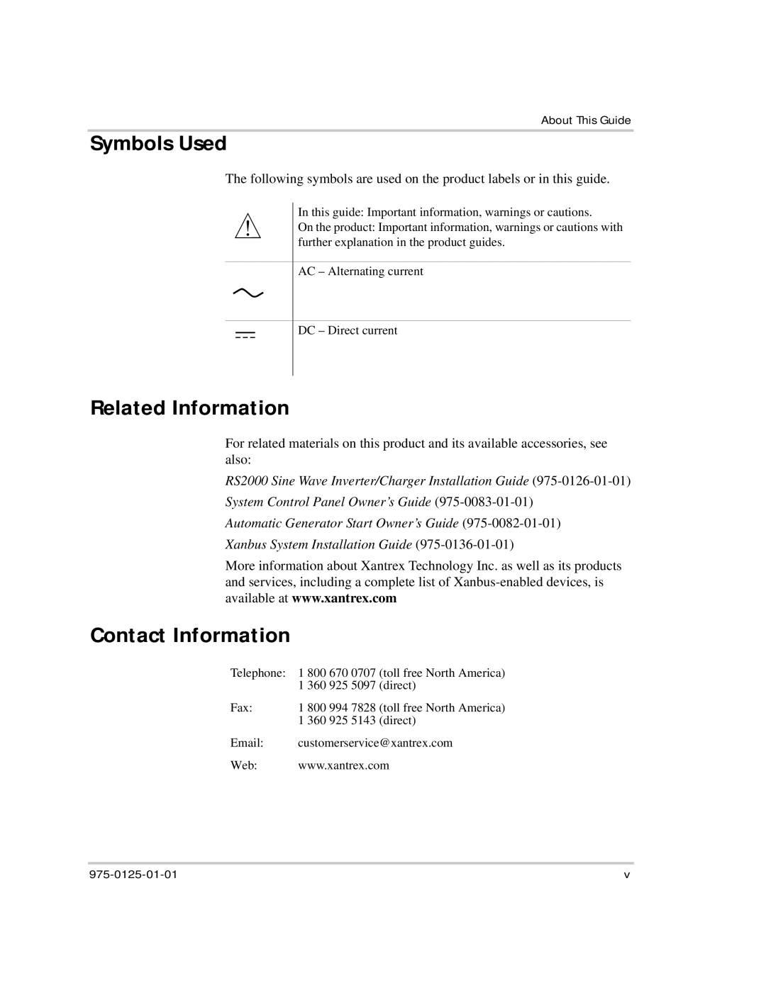 Xantrex Technology RS2000 manual Symbols Used, Related Information, Contact Information 