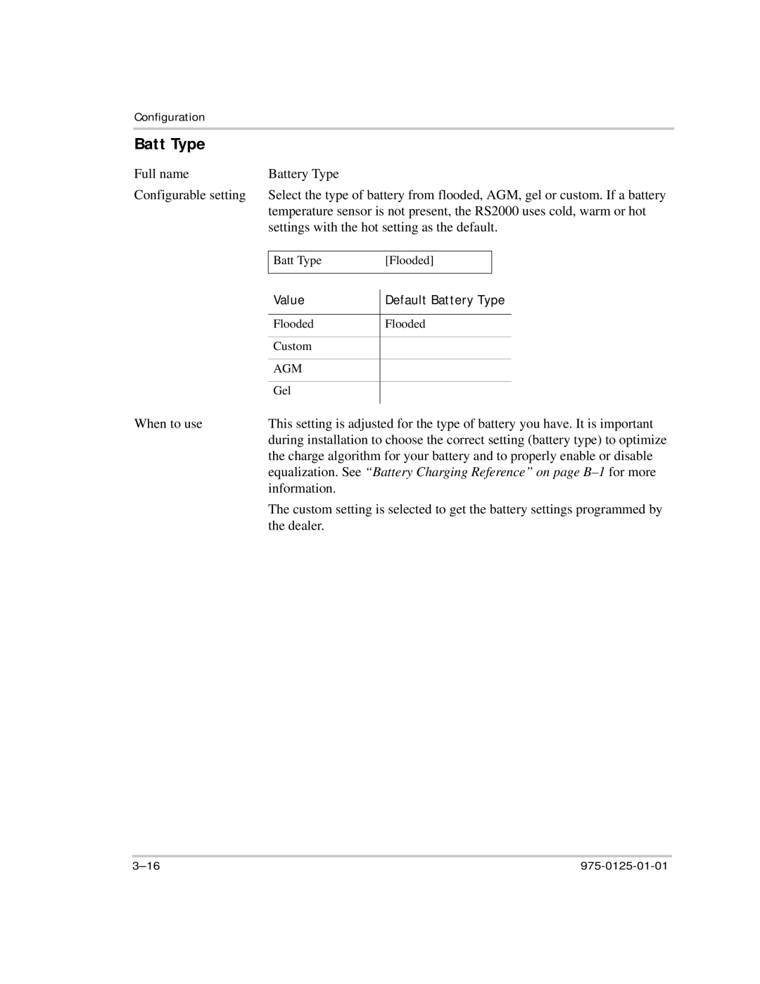 Xantrex Technology RS2000 manual Batt Type, Value Default Battery Type 