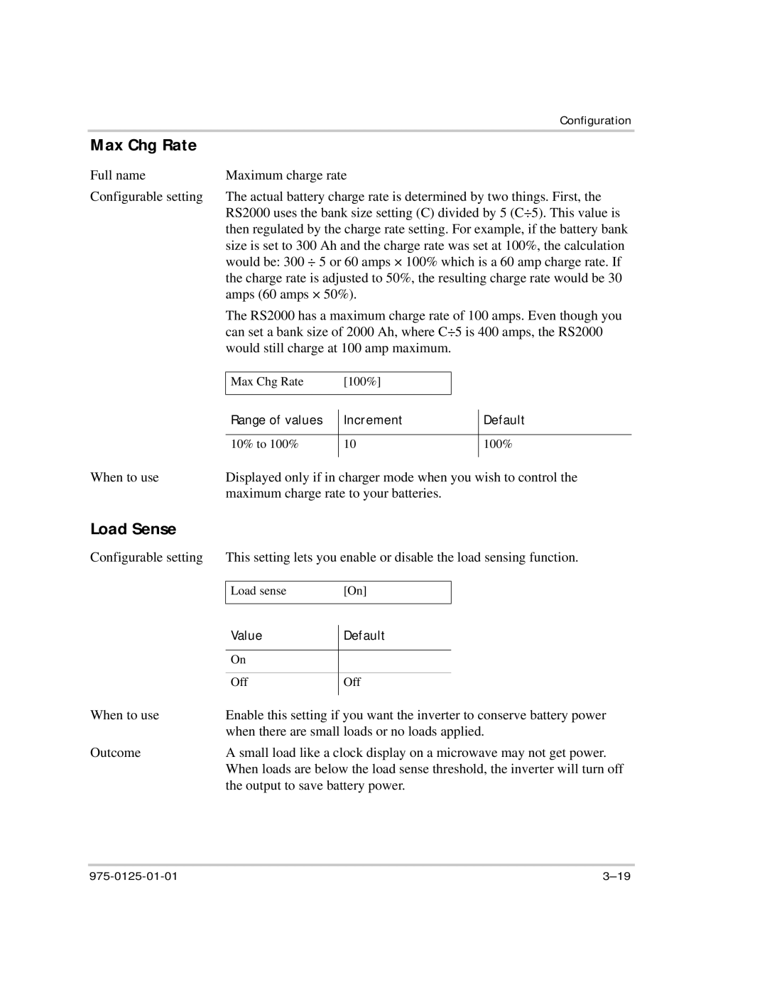 Xantrex Technology RS2000 manual Max Chg Rate, Load Sense 