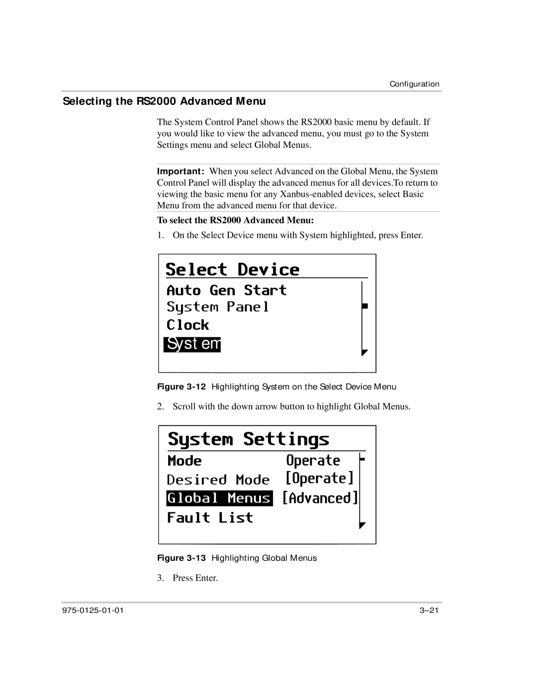 Xantrex Technology manual Selecting the RS2000 Advanced Menu, To select the RS2000 Advanced Menu 