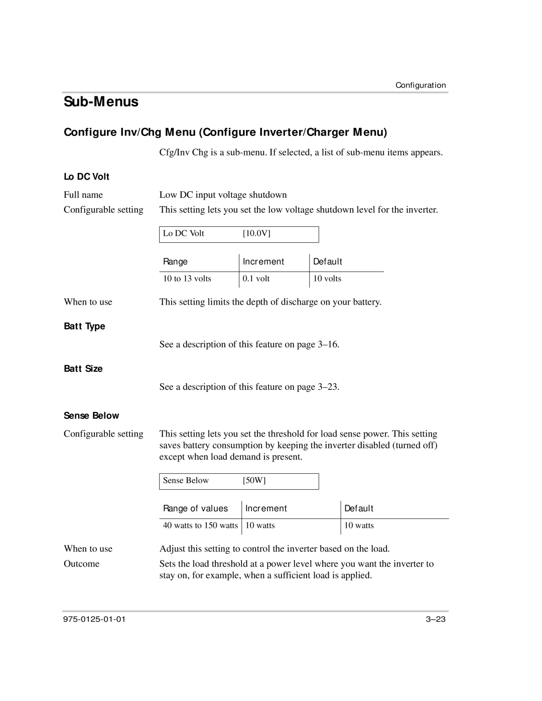 Xantrex Technology RS2000 manual Sub-Menus, Configure Inv/Chg Menu Configure Inverter/Charger Menu 