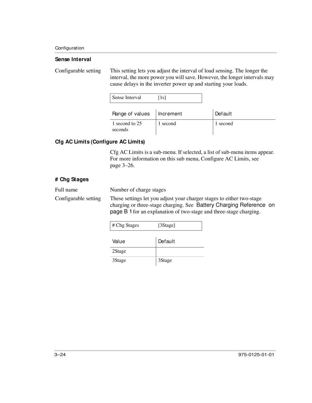 Xantrex Technology RS2000 manual Sense Interval, Cfg AC Limits Configure AC Limits, # Chg Stages 