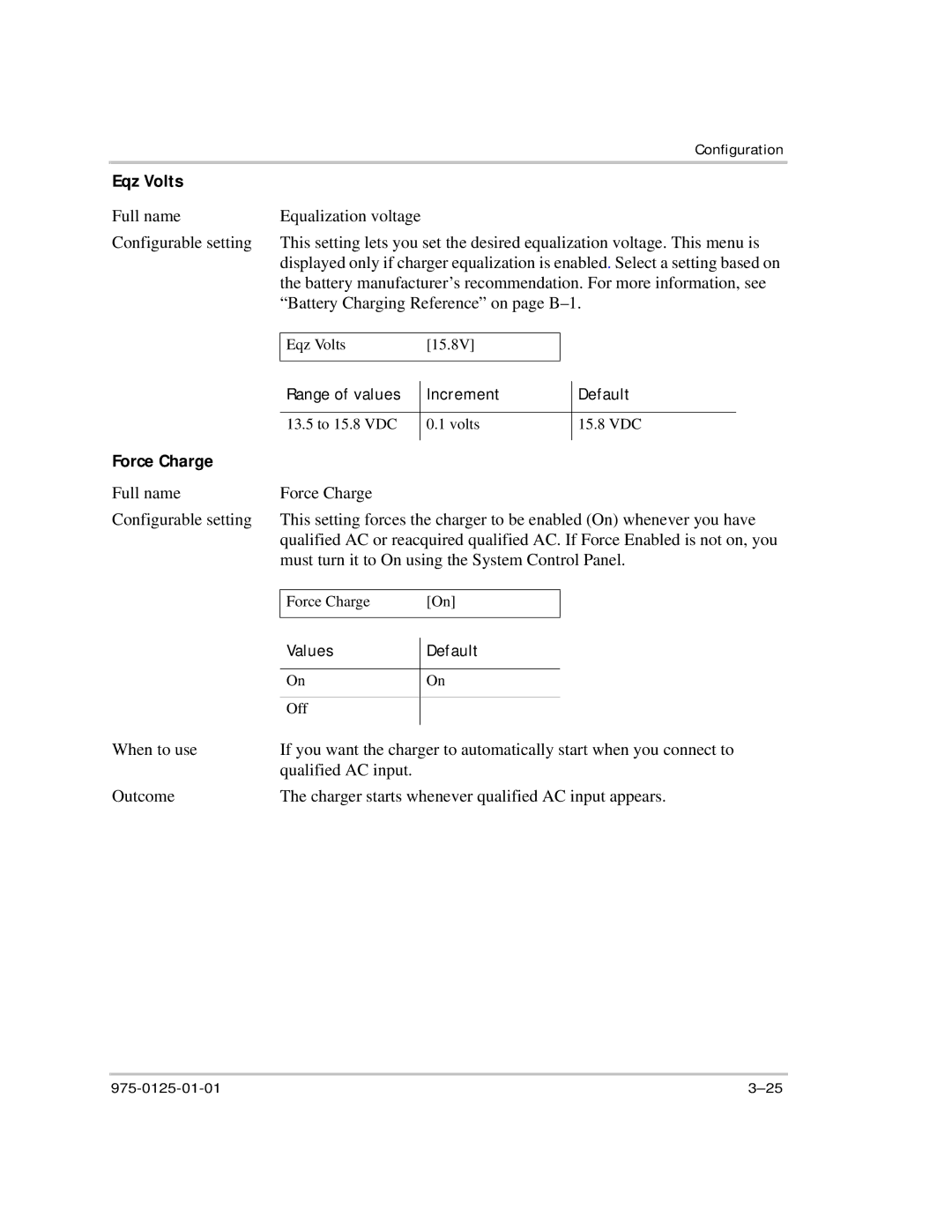 Xantrex Technology RS2000 manual Eqz Volts, Force Charge, Values Default 