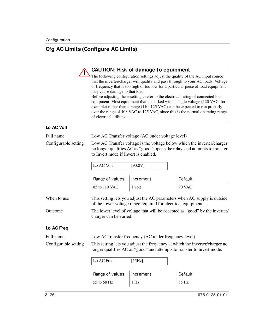 Xantrex Technology RS2000 manual Cfg AC Limits Configure AC Limits, Lo AC Volt, Lo AC Freq 