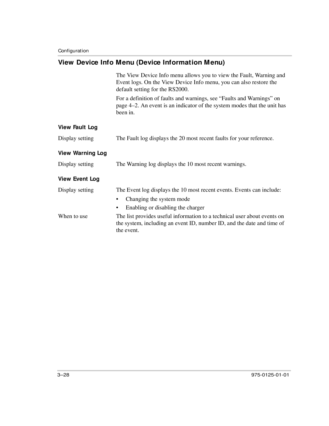 Xantrex Technology RS2000 View Device Info Menu Device Information Menu, View Fault Log, View Warning Log, View Event Log 