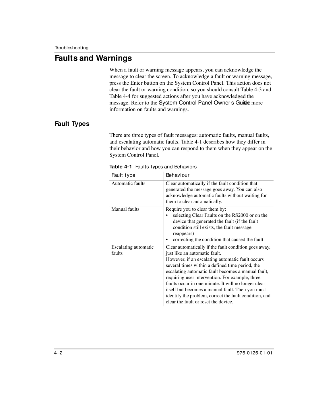 Xantrex Technology RS2000 manual Fault Types, 1Faults Types and Behaviors, Fault type Behaviour 