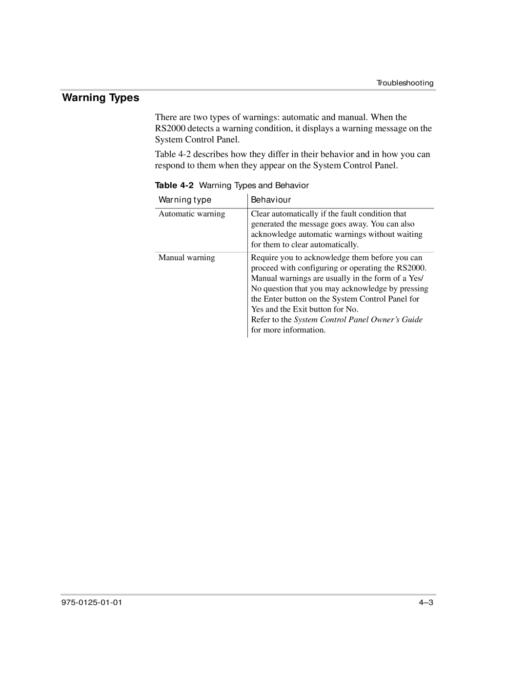 Xantrex Technology RS2000 manual 2Warning Types and Behavior 