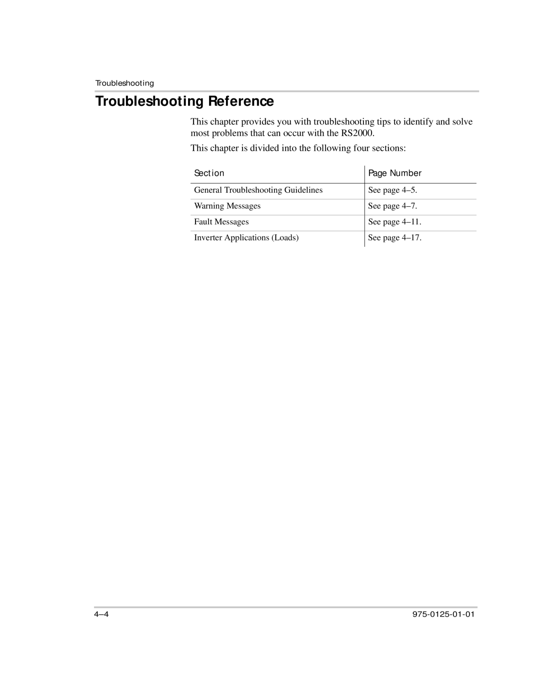 Xantrex Technology RS2000 manual Troubleshooting Reference, Section Number 