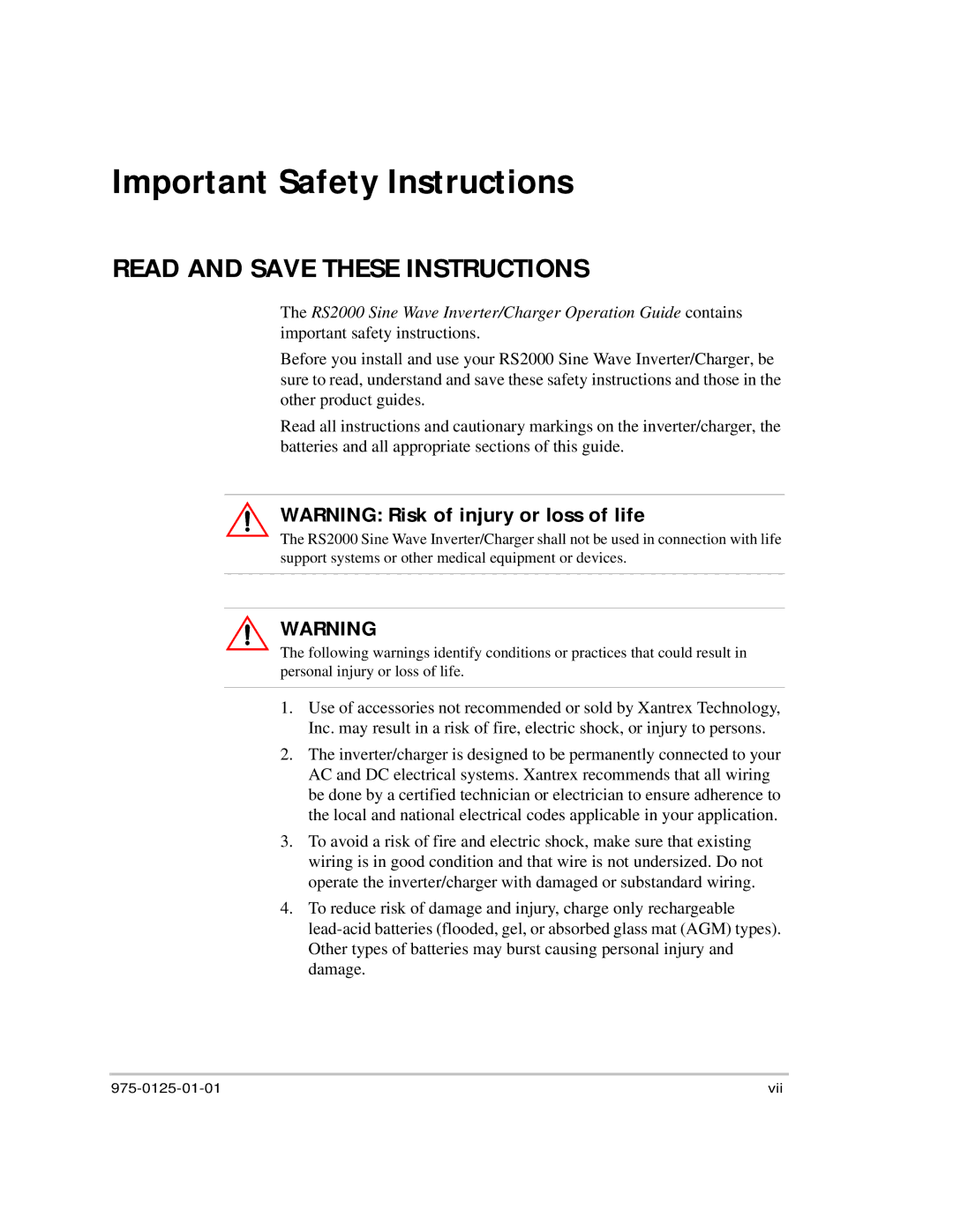 Xantrex Technology RS2000 manual Important Safety Instructions 