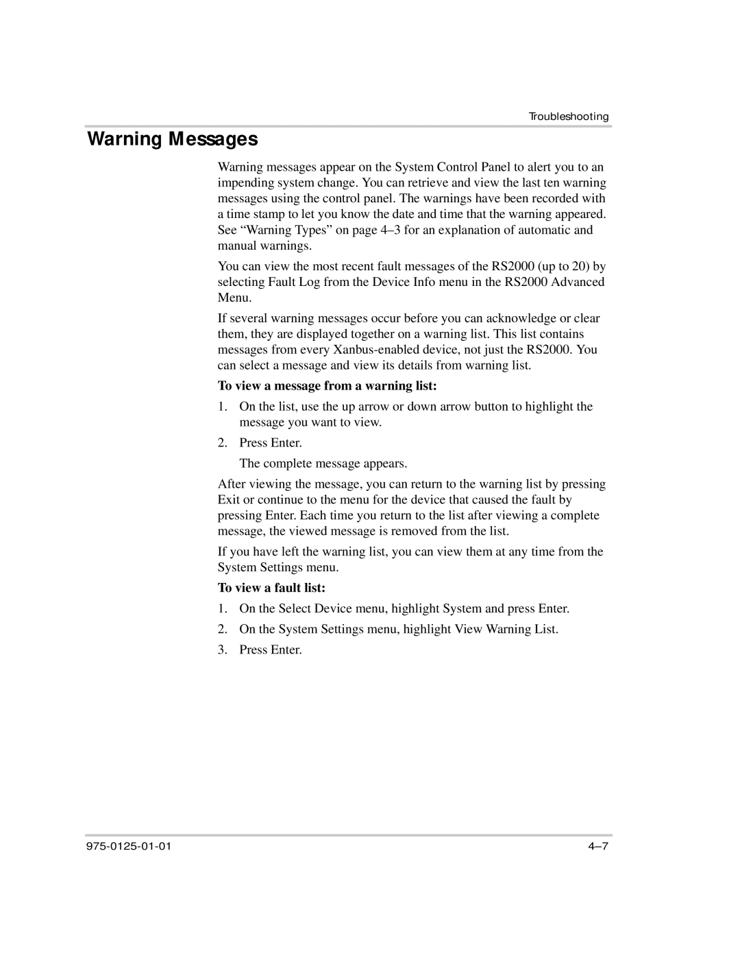 Xantrex Technology RS2000 manual To view a message from a warning list, To view a fault list 