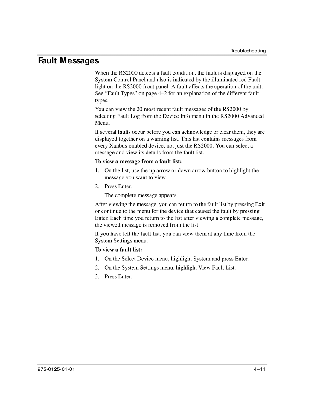 Xantrex Technology RS2000 manual Fault Messages, To view a message from a fault list 