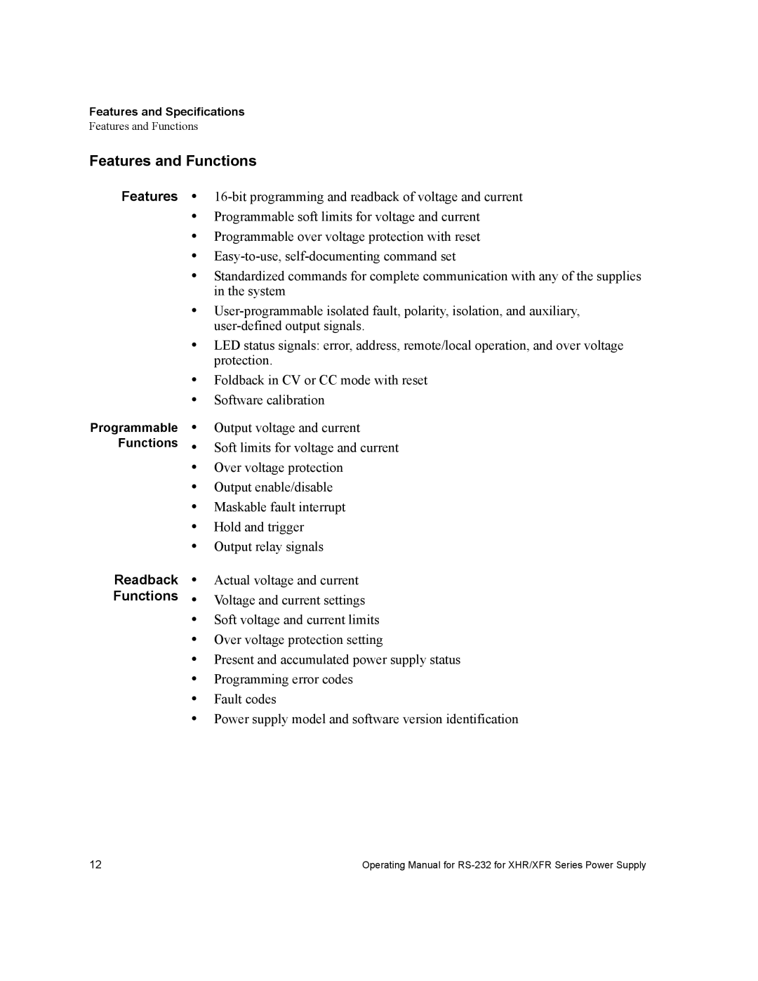 Xantrex Technology RS232-XHR manual Features and Functions, Readback Functions, Features and Specifications 