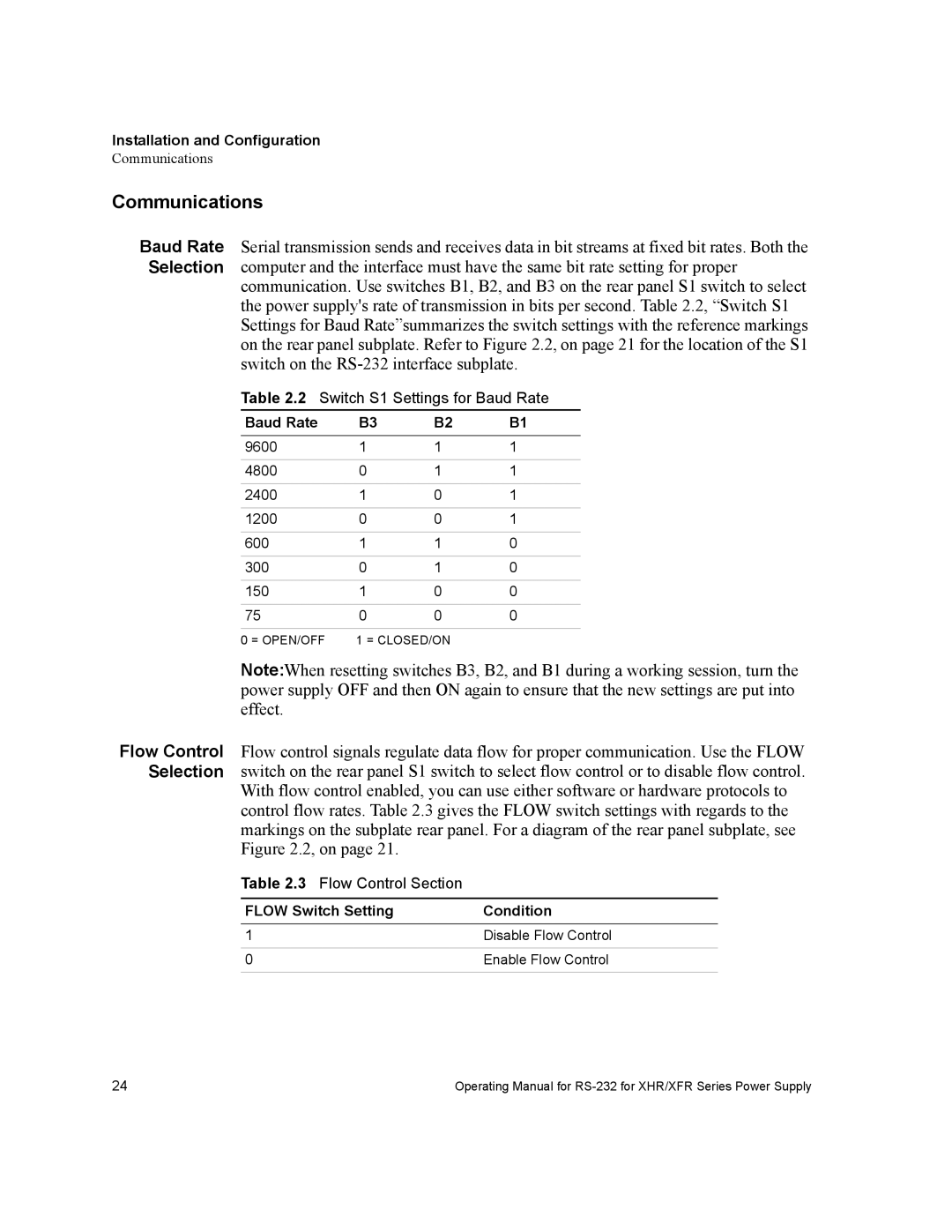 Xantrex Technology RS232-XHR manual Communications, Baud Rate, Flow Switch Setting Condition 