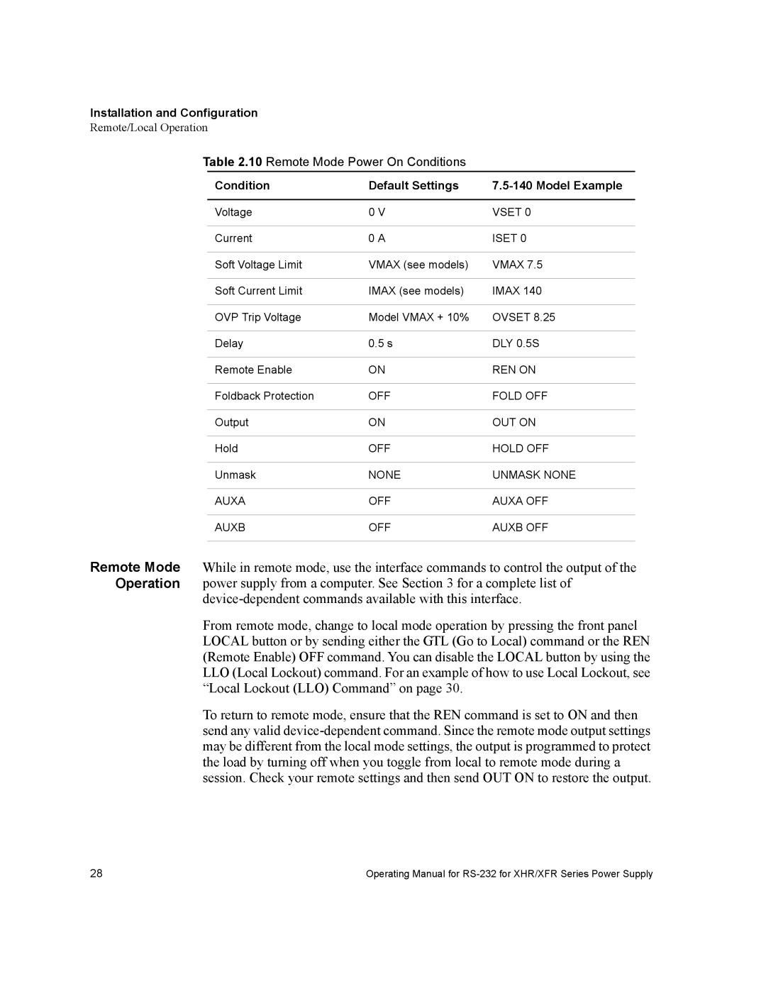 Xantrex Technology RS232-XHR manual Condition Default Settings Model Example, Iset 