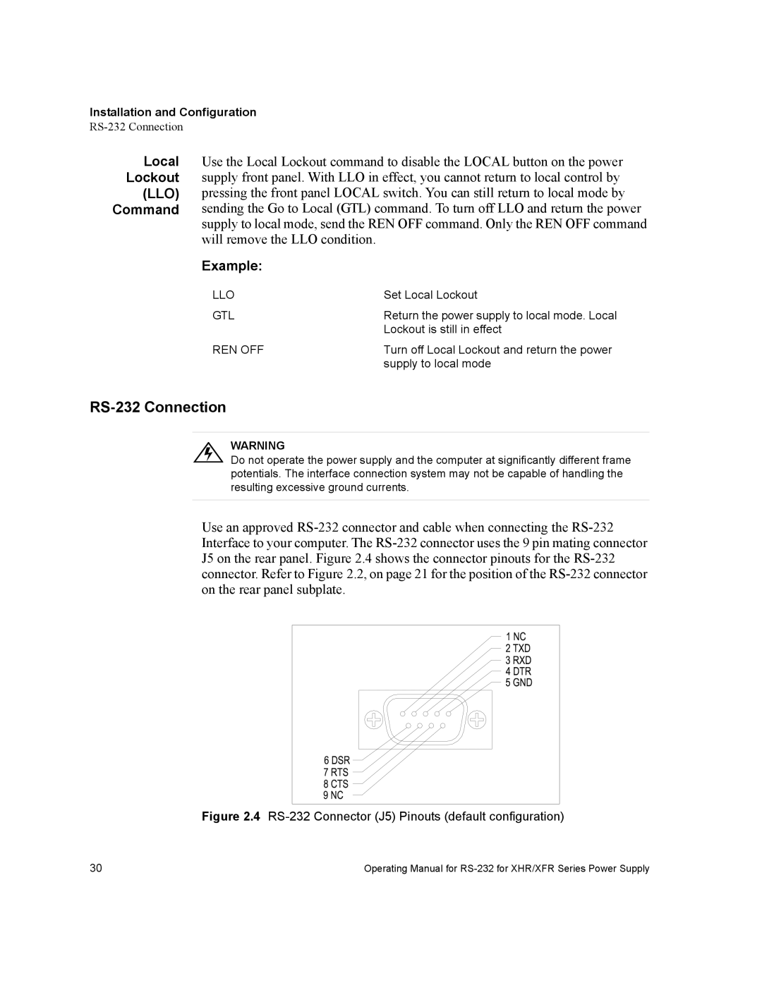 Xantrex Technology RS232-XHR manual RS-232 Connection, Local Lockout, Command 