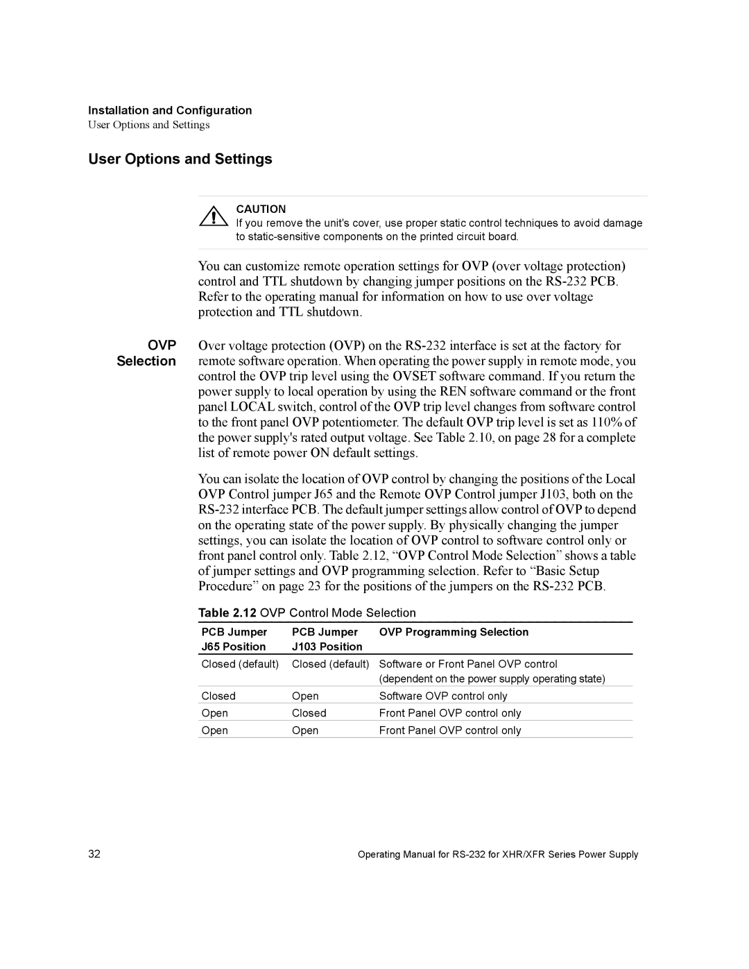 Xantrex Technology RS232-XHR manual User Options and Settings, OVP Control Mode Selection 