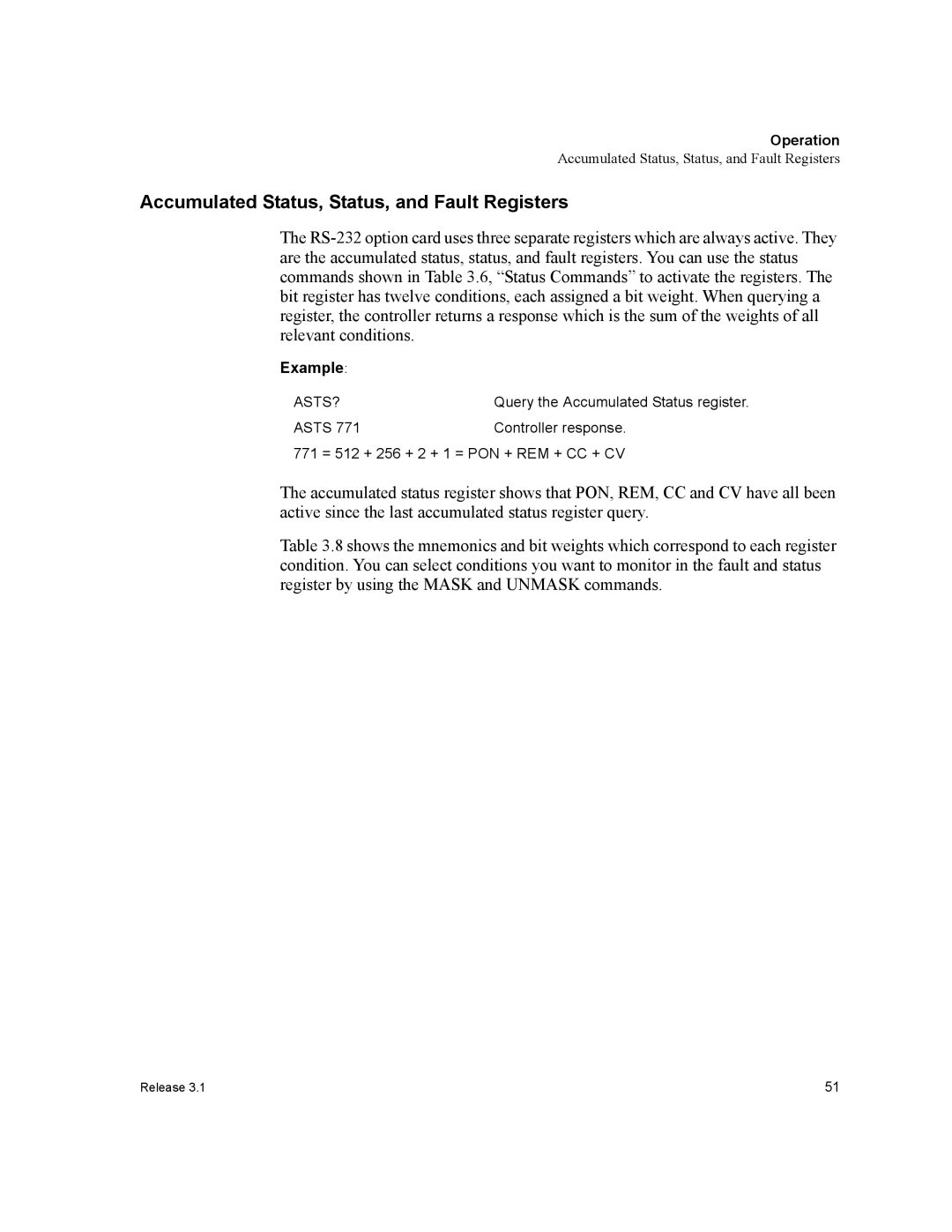 Xantrex Technology RS232-XHR manual Accumulated Status, Status, and Fault Registers, Example 